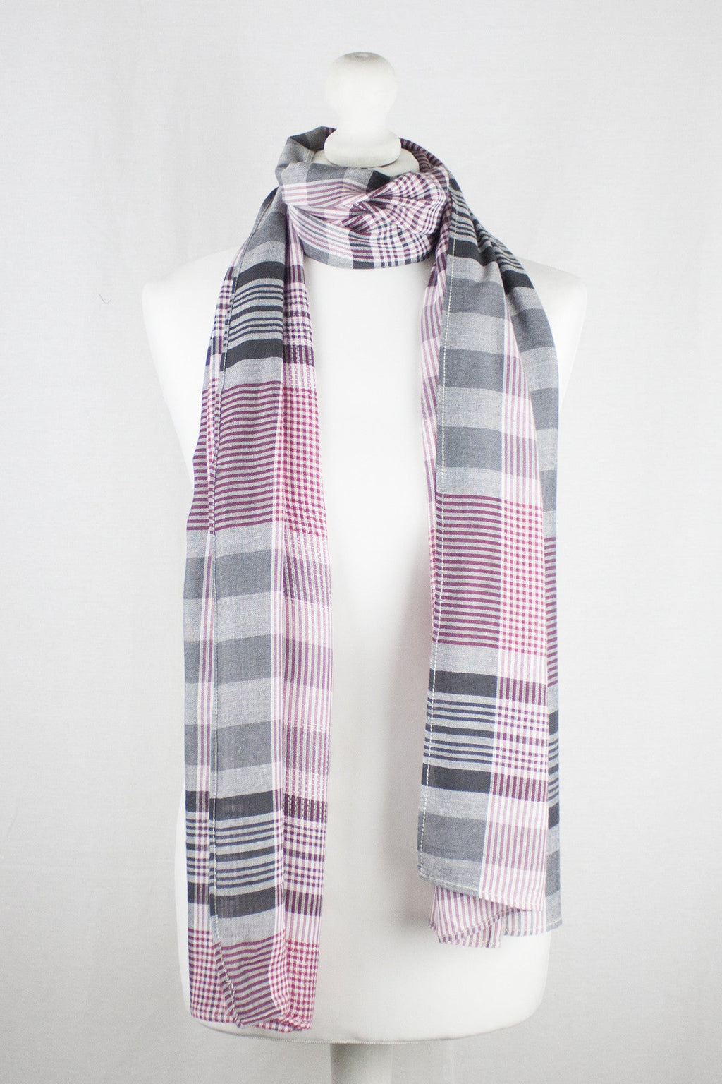Checks and Stripes Textured Weave Viscose Scarf in Pink Black Off White