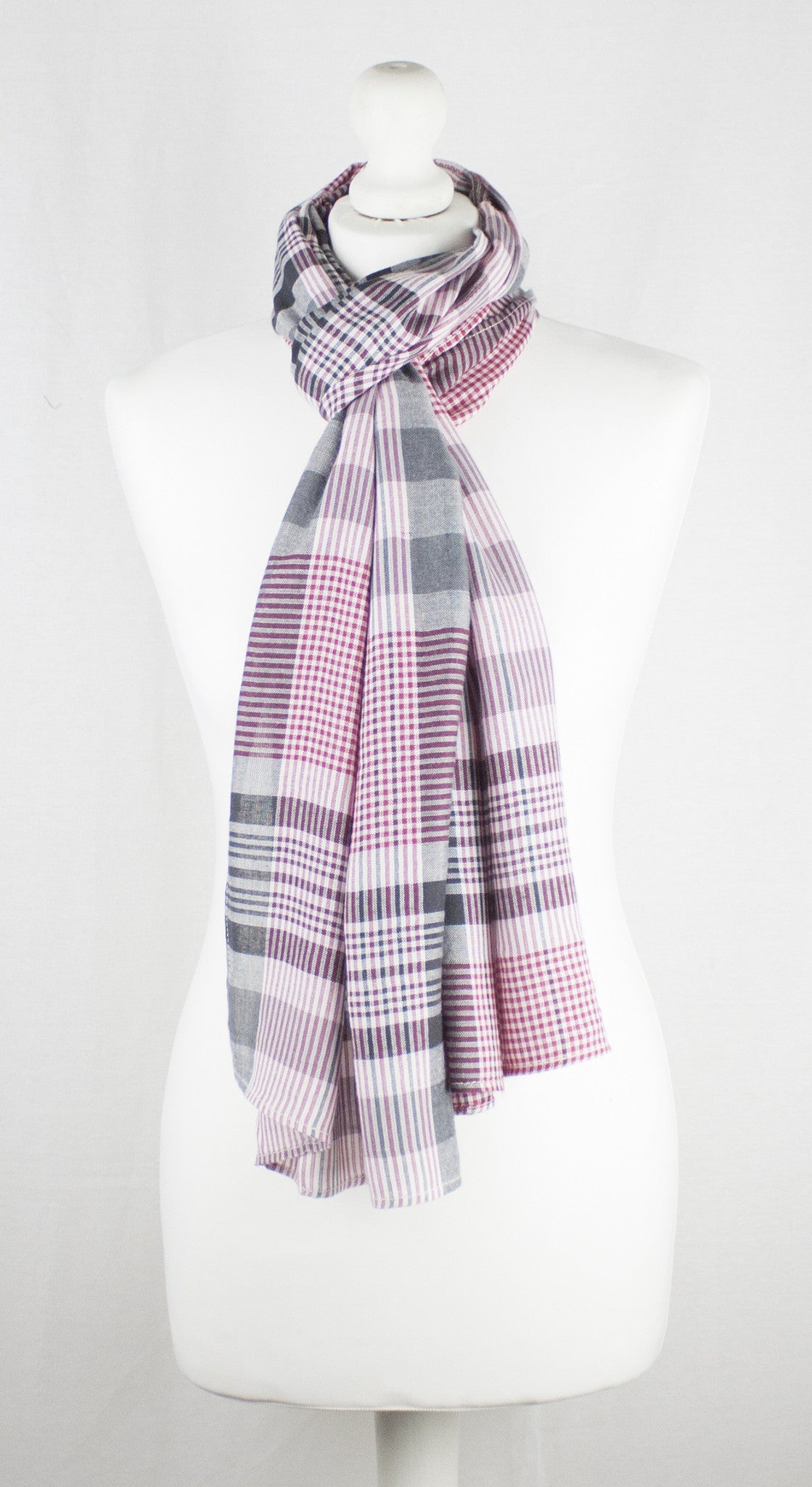 Checks and Stripes Textured Weave Viscose Scarf in Pink Black Off White