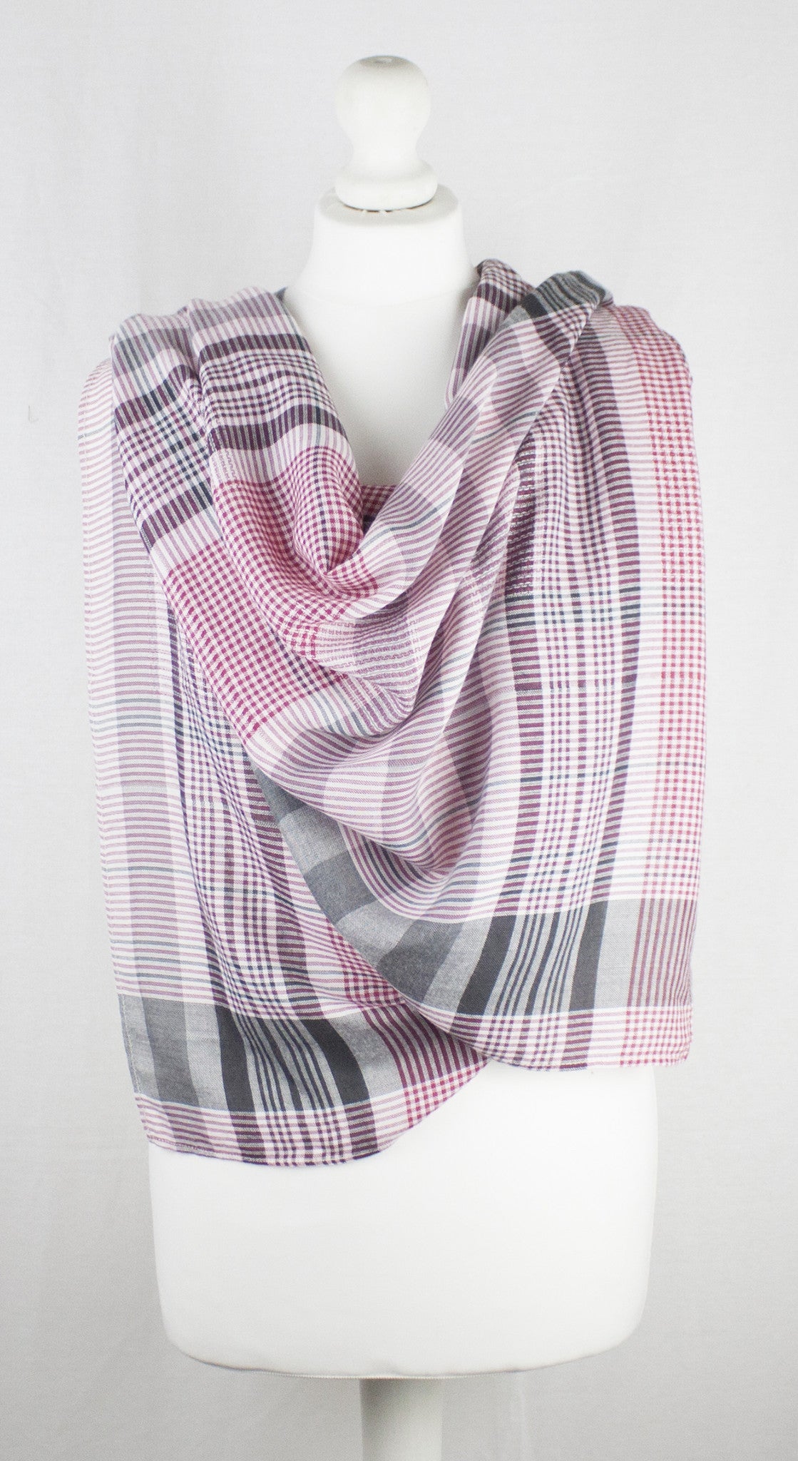 Checks and Stripes Textured Weave Viscose Scarf in Pink Black Off White