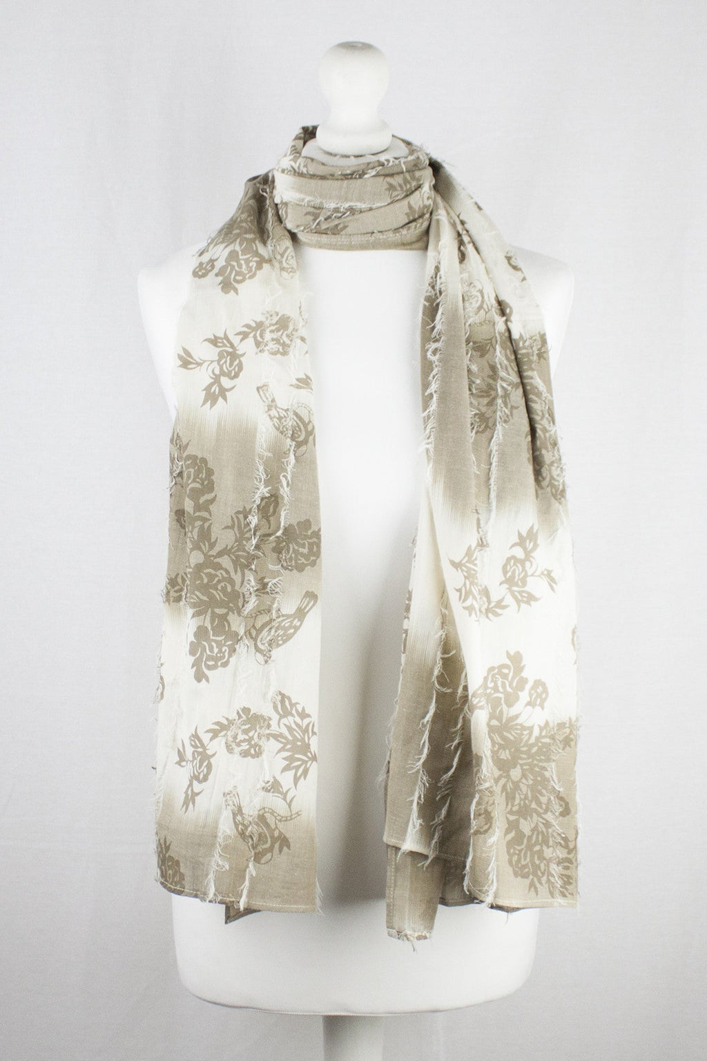 Frayed Stripes Printed Cotton Scarf in Off White Beige