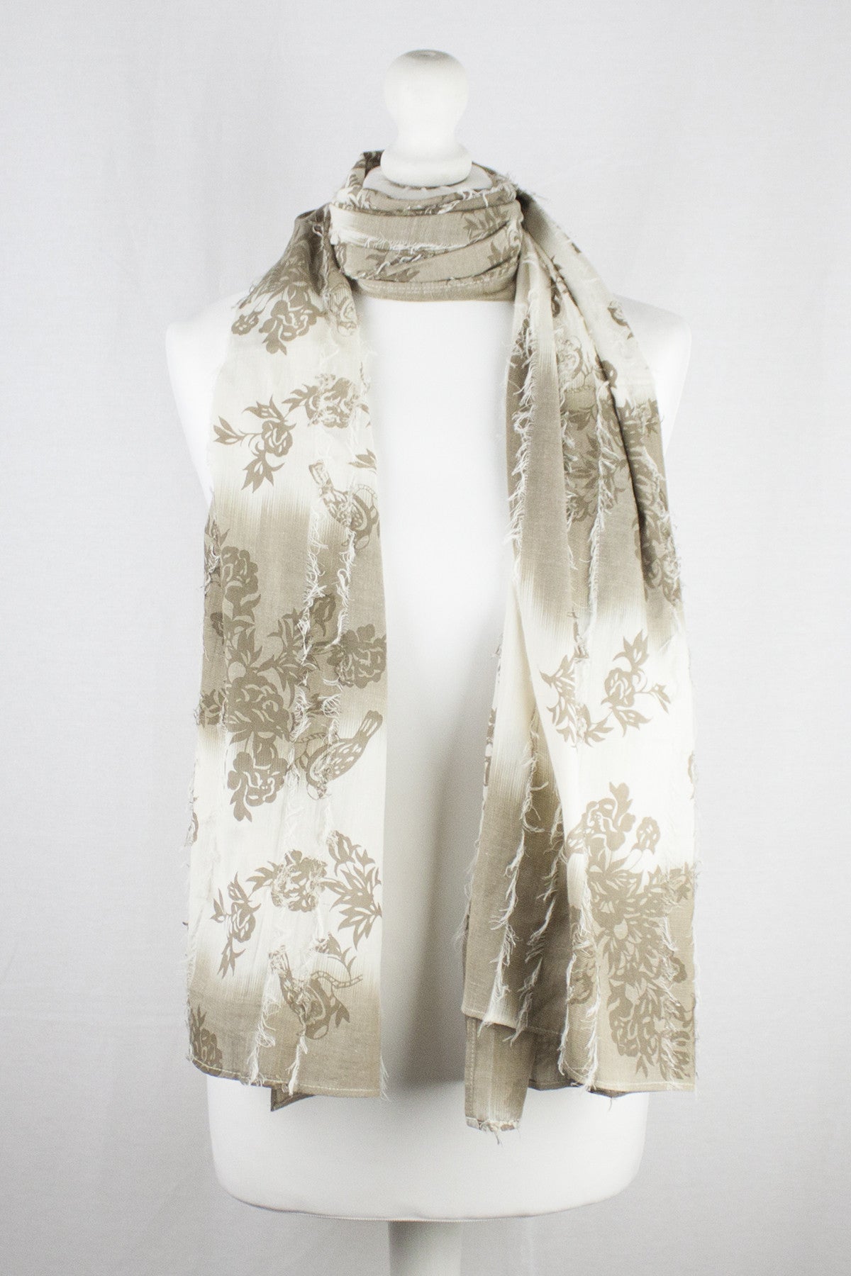 Frayed Stripes Printed Cotton Scarf in Off White Beige