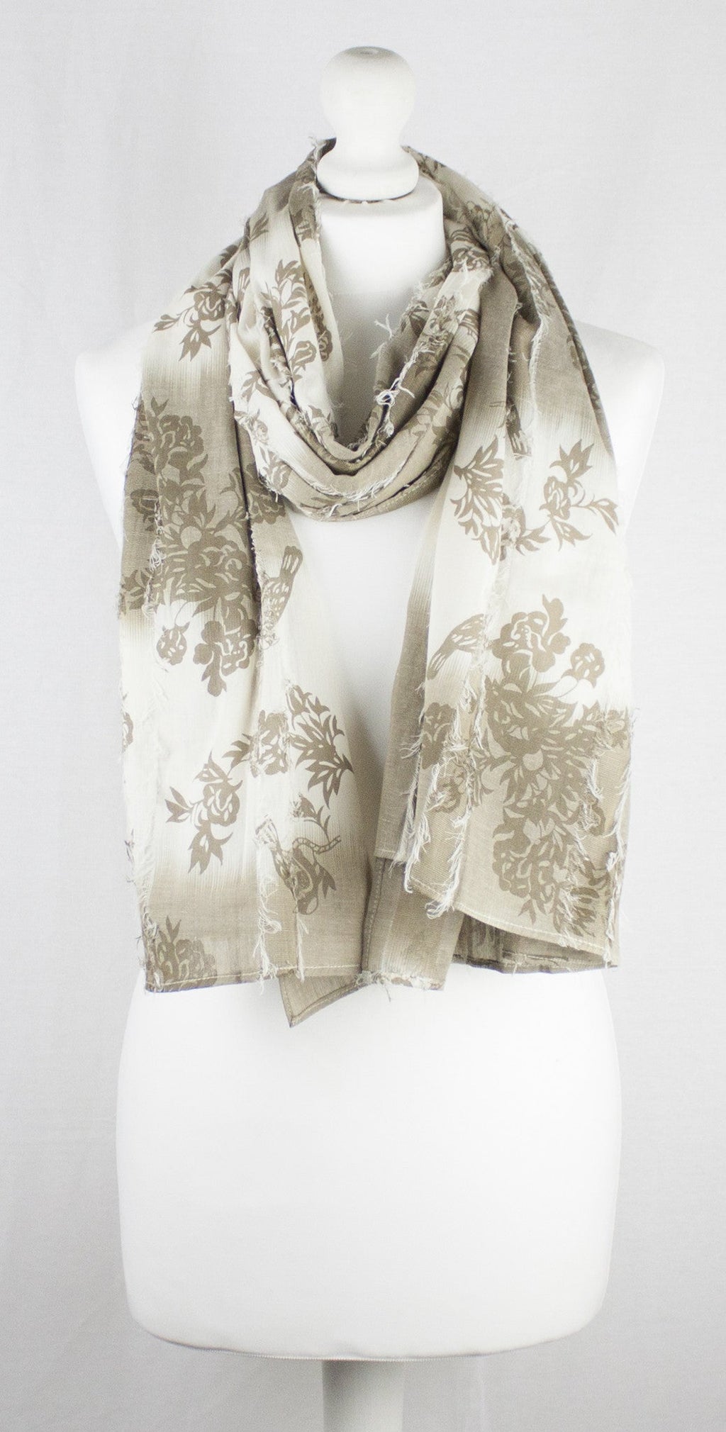 Frayed Stripes Printed Cotton Scarf in Off White Beige