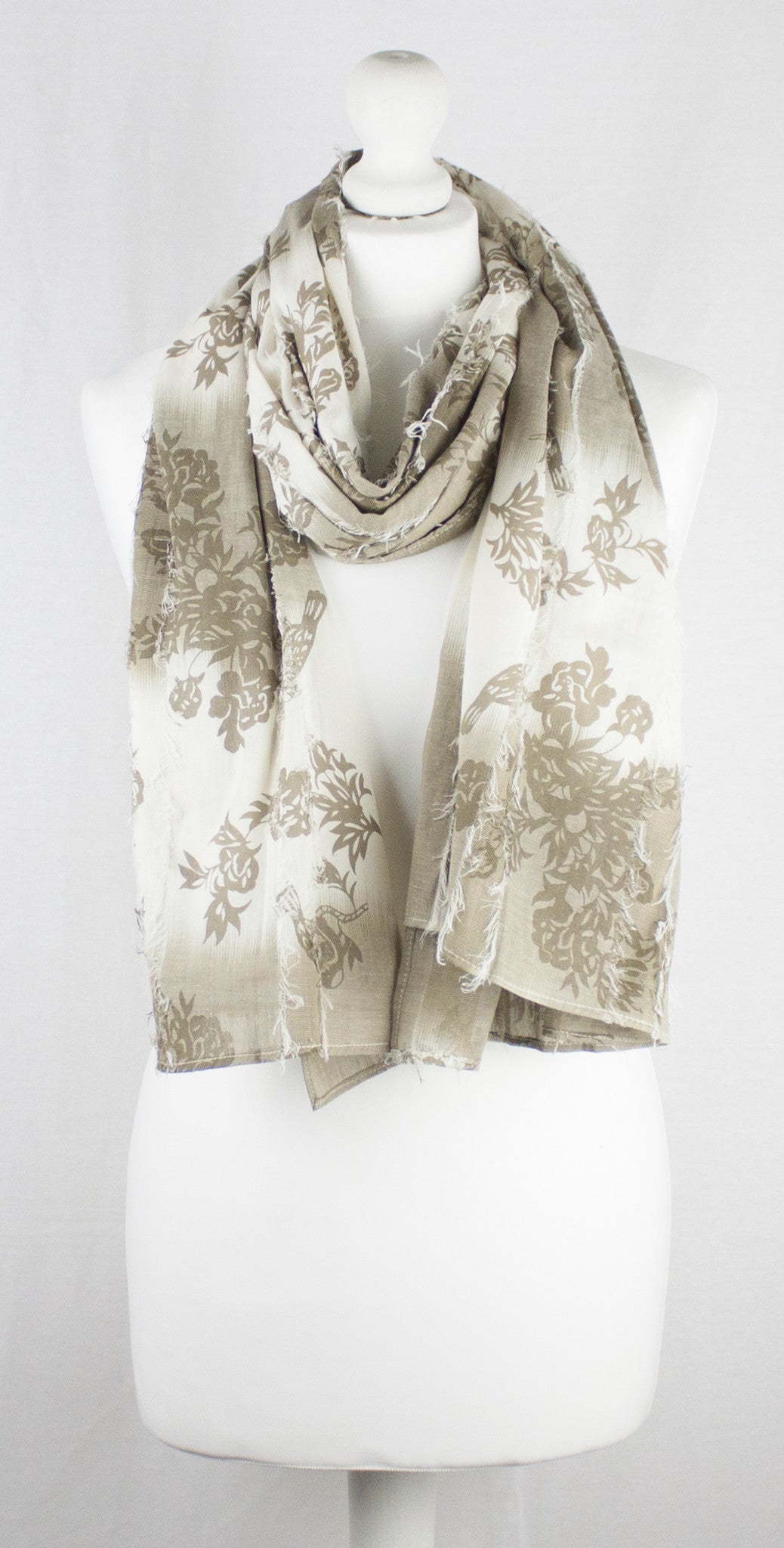 Frayed Stripes Printed Cotton Scarf in Off White Beige