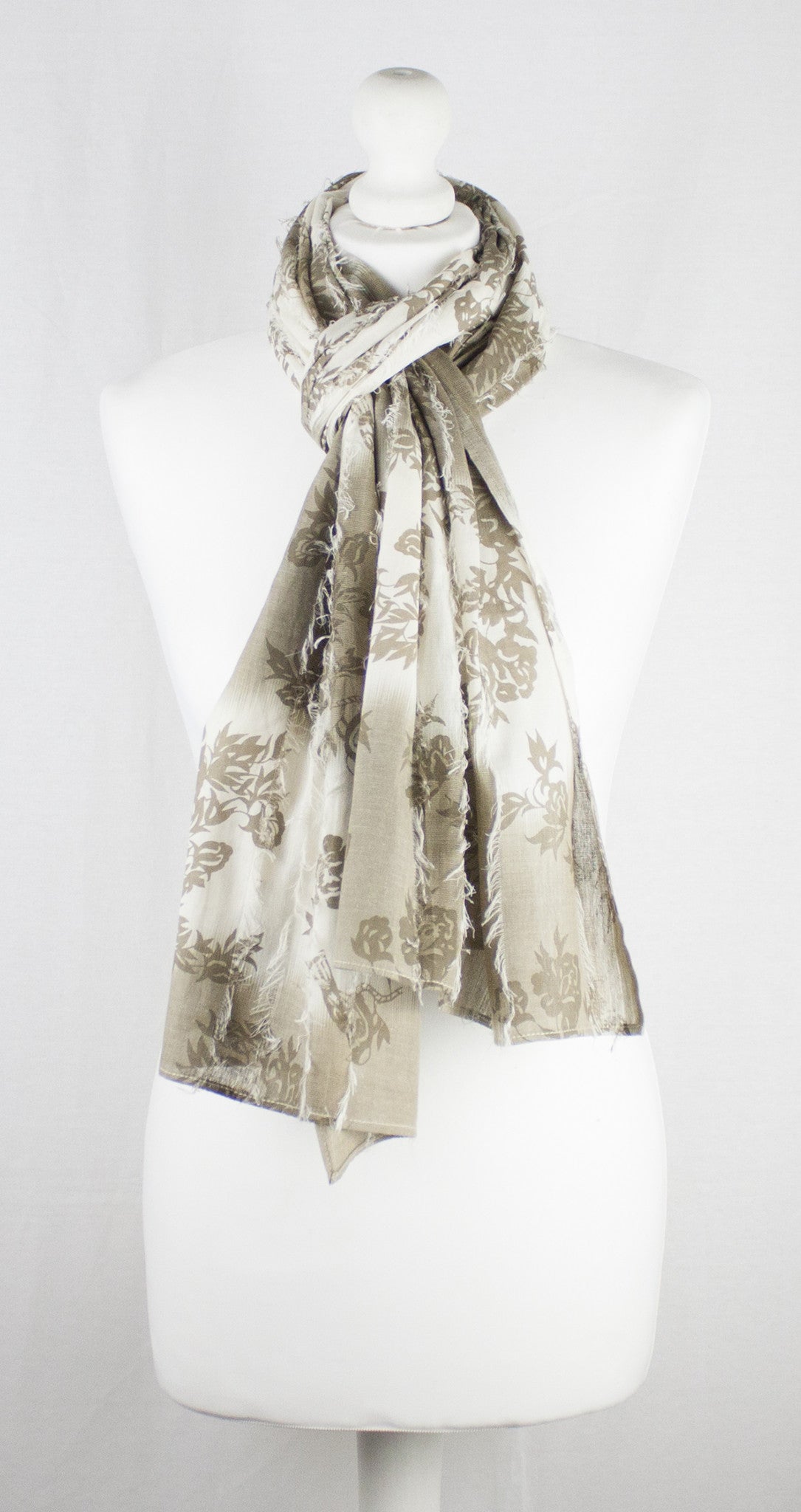 Frayed Stripes Printed Cotton Scarf in Off White Beige