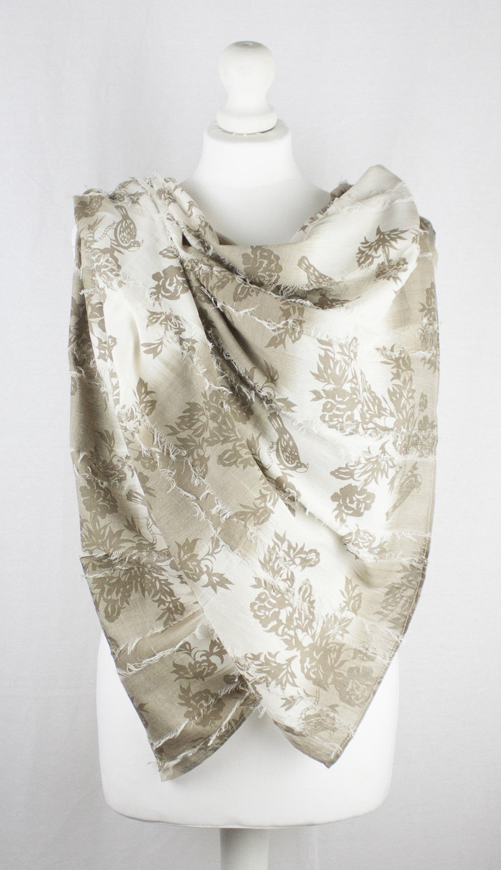 Frayed Stripes Printed Cotton Scarf in Off White Beige