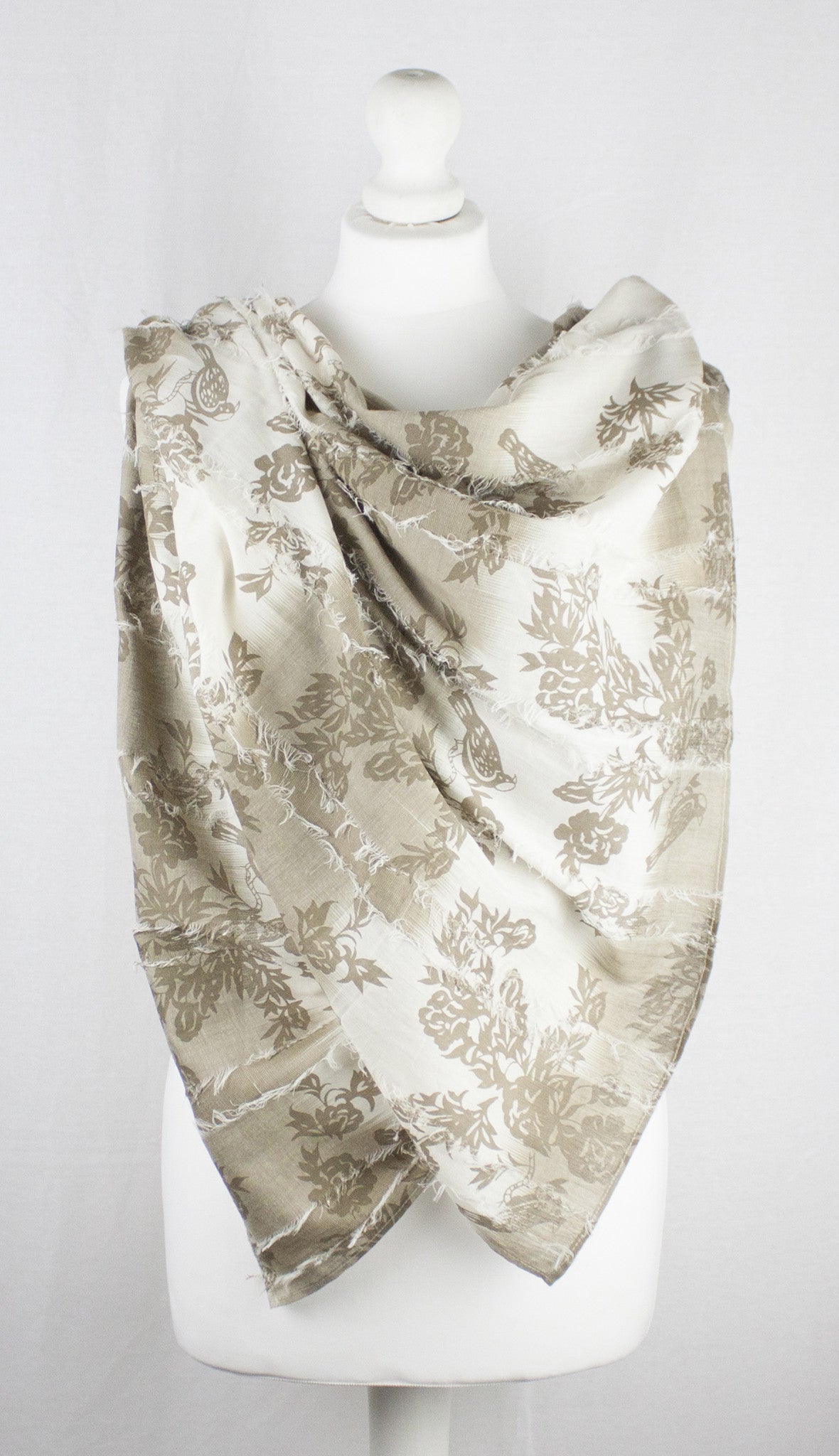 Frayed Stripes Printed Cotton Scarf in Off White Beige