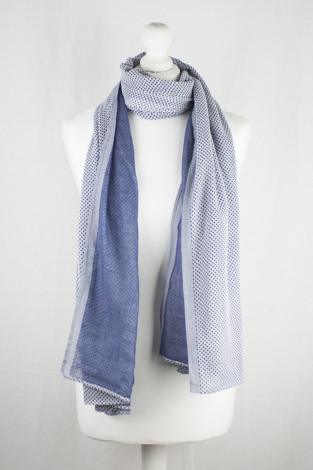 Reversible Cotton Scarf in Chambray Blue with Ditsy Diamond Print