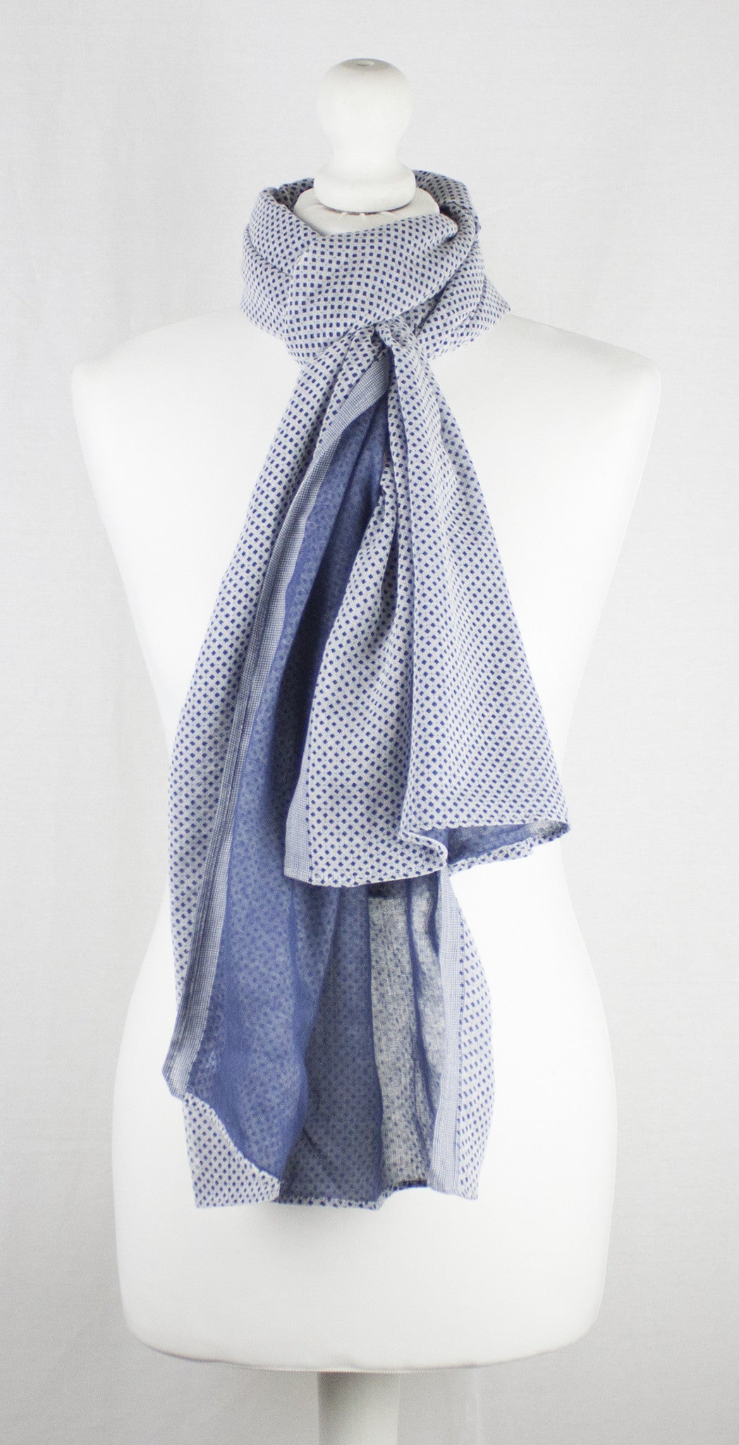 Reversible Cotton Scarf in Chambray Blue with Ditsy Diamond Print