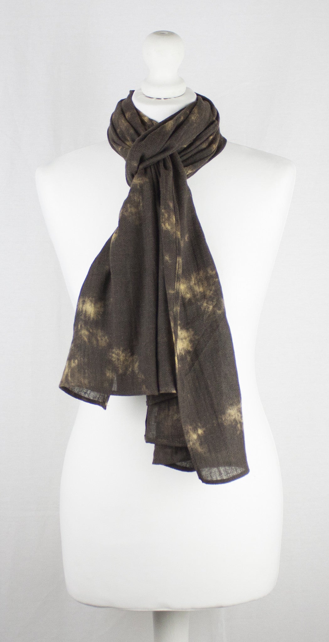 Tie Dye Print Herringbone Weave Cotton Scarf in Brown and Yellow