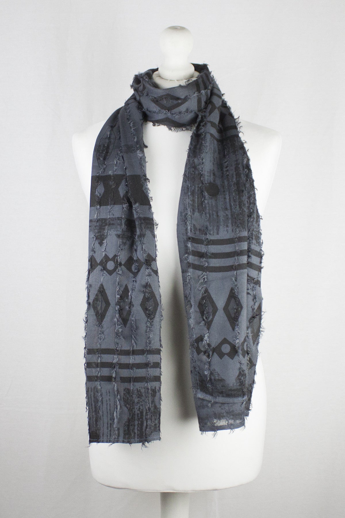 Frayed Stripes Block Printed Viscose Scarf in Grey Black