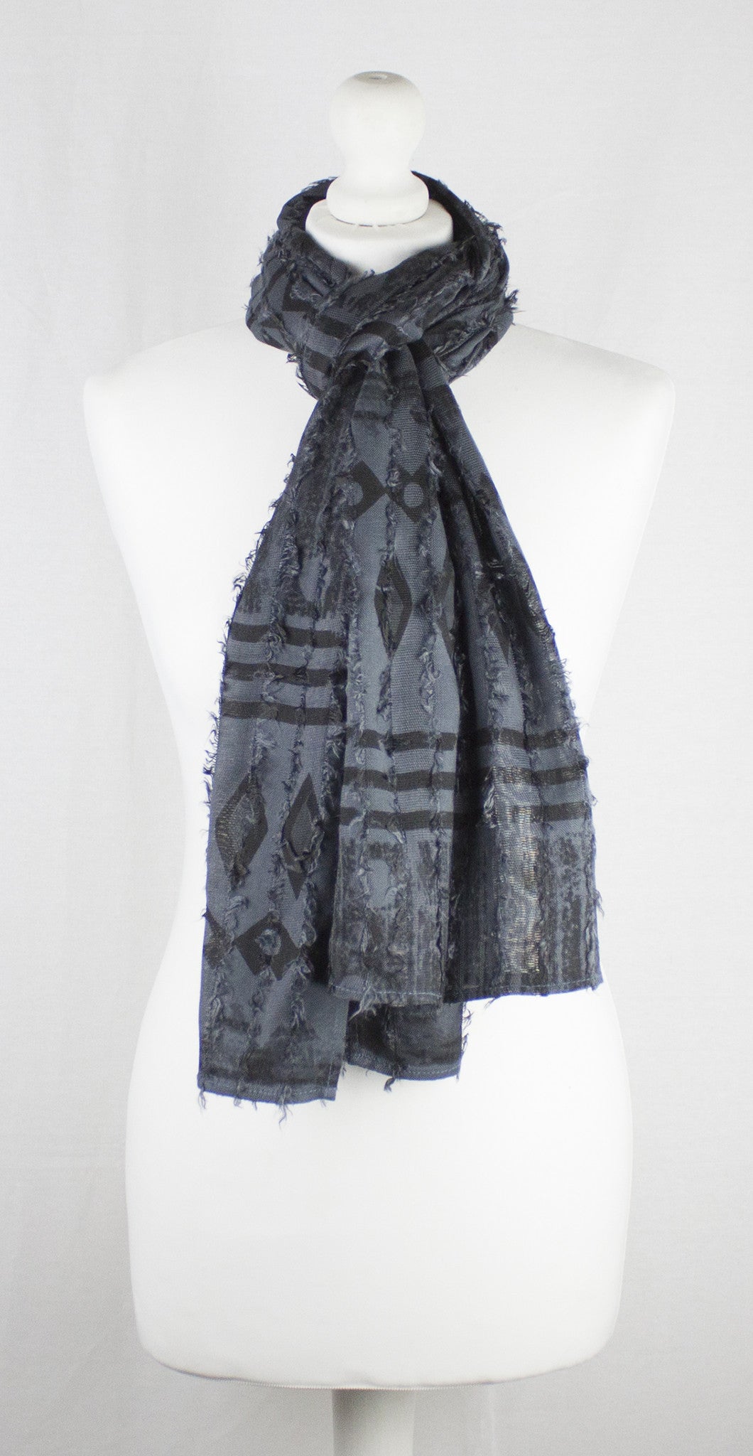 Frayed Stripes Block Printed Viscose Scarf in Grey Black