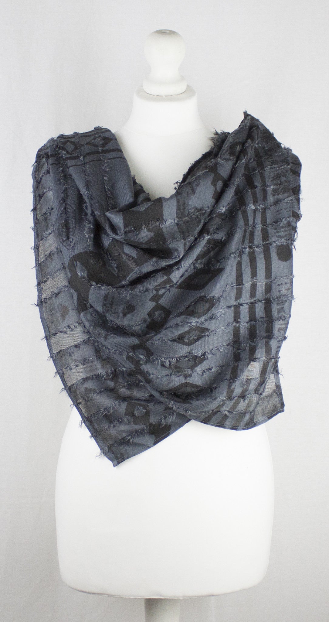 Frayed Stripes Block Printed Viscose Scarf in Grey Black