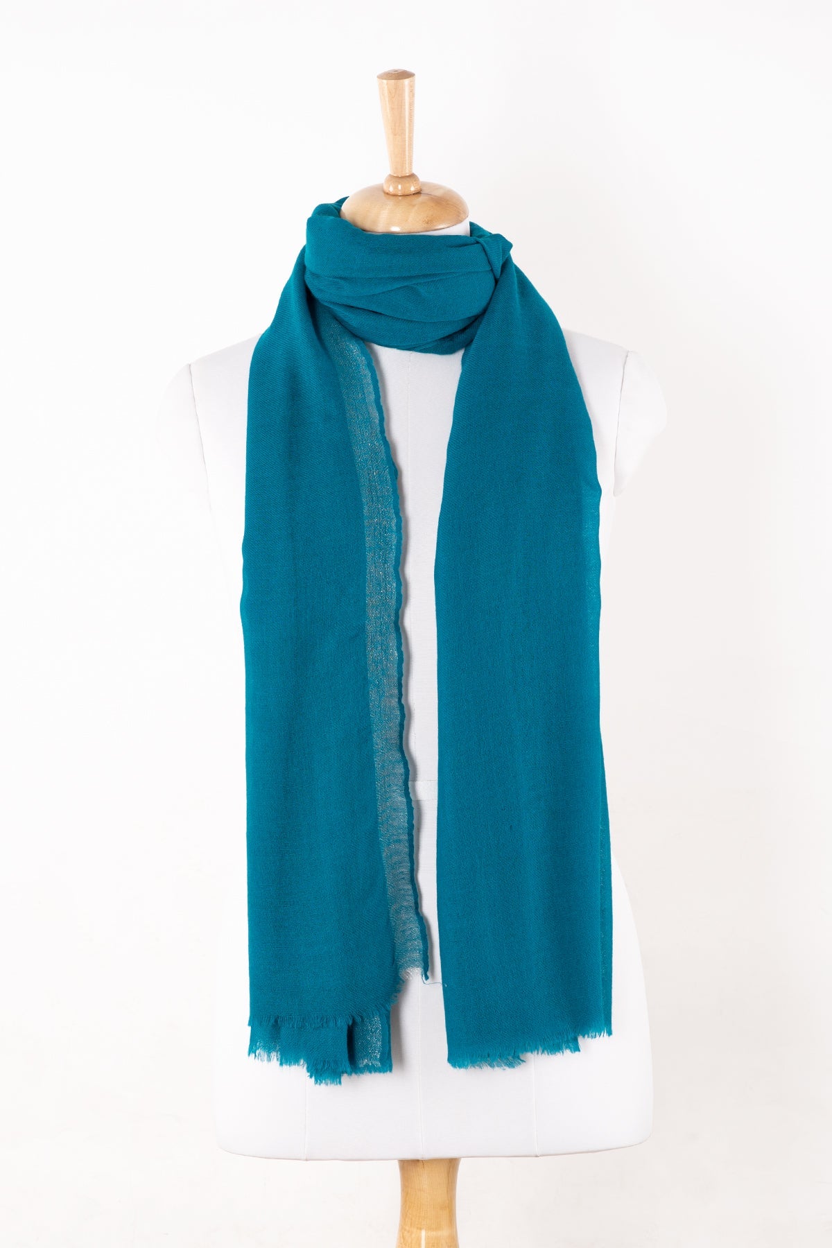 Turquoise Merino Wool Scarf with Silver Lurex Border