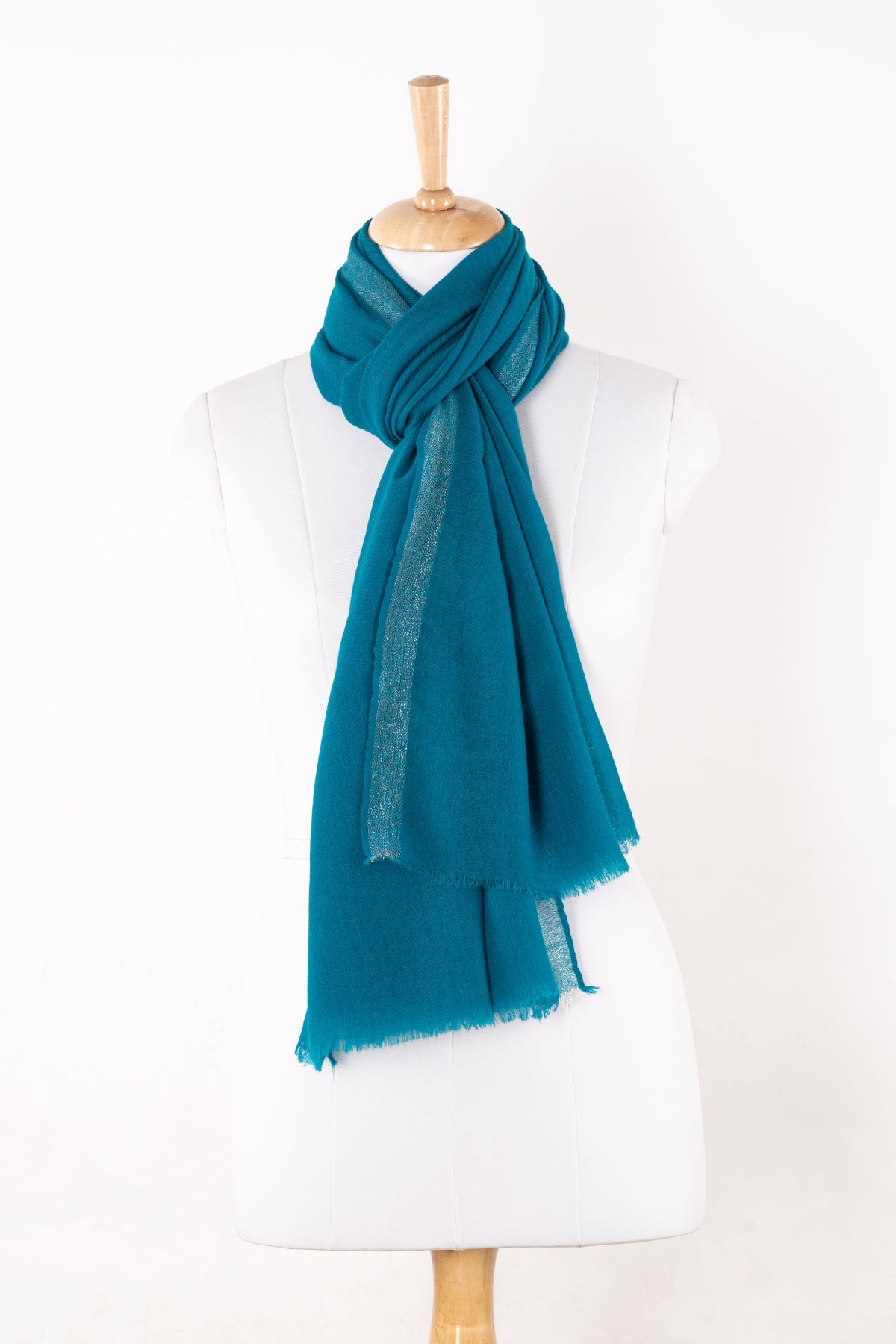Turquoise Merino Wool Scarf with Silver Lurex Border