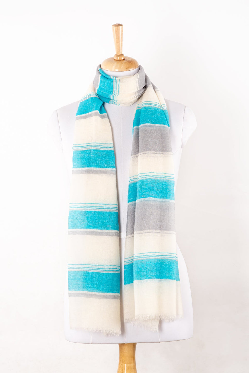 Wide Stripe Merino Wool Scarf in Turquoise and White