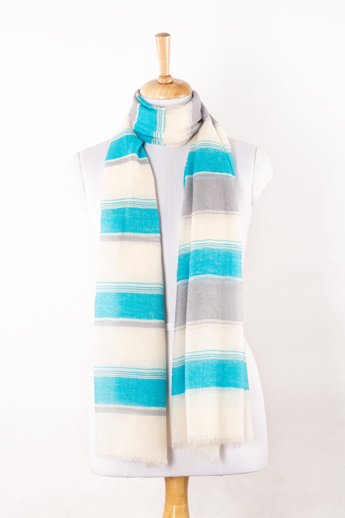 Wide Stripe Merino Wool Scarf in Turquoise and White