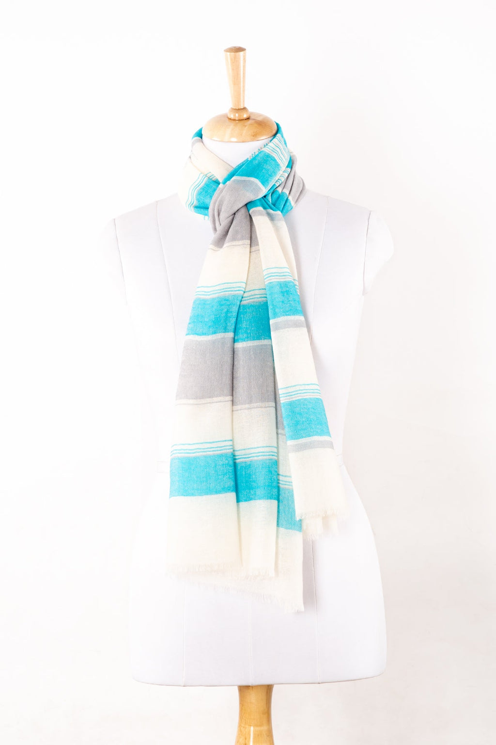 Wide Stripe Merino Wool Scarf in Turquoise and White