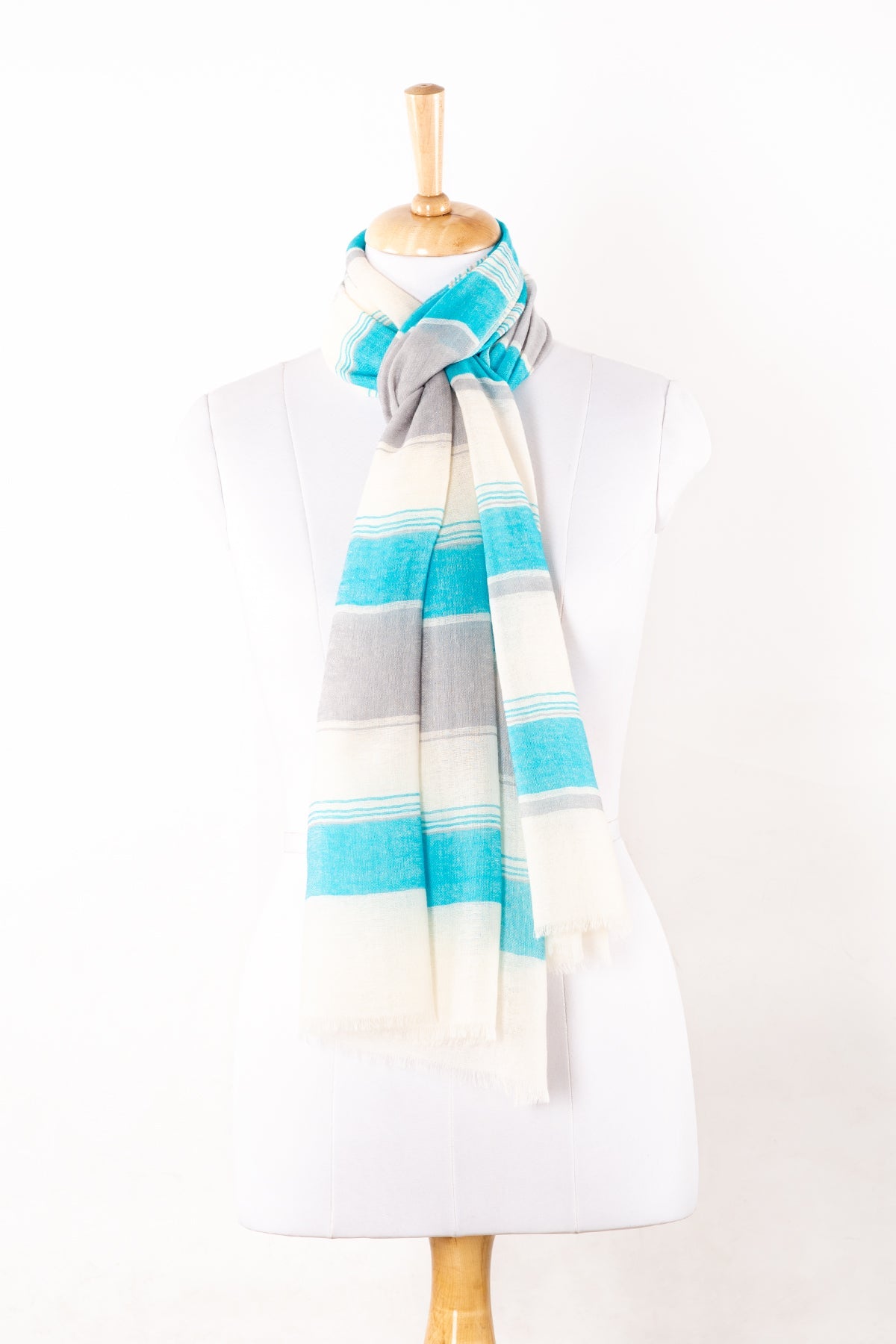 Wide Stripe Merino Wool Scarf in Turquoise and White