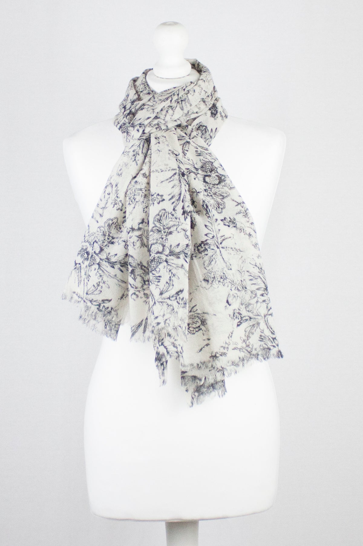 Sketchy Floral Print Merino Wool Scarf in Off White