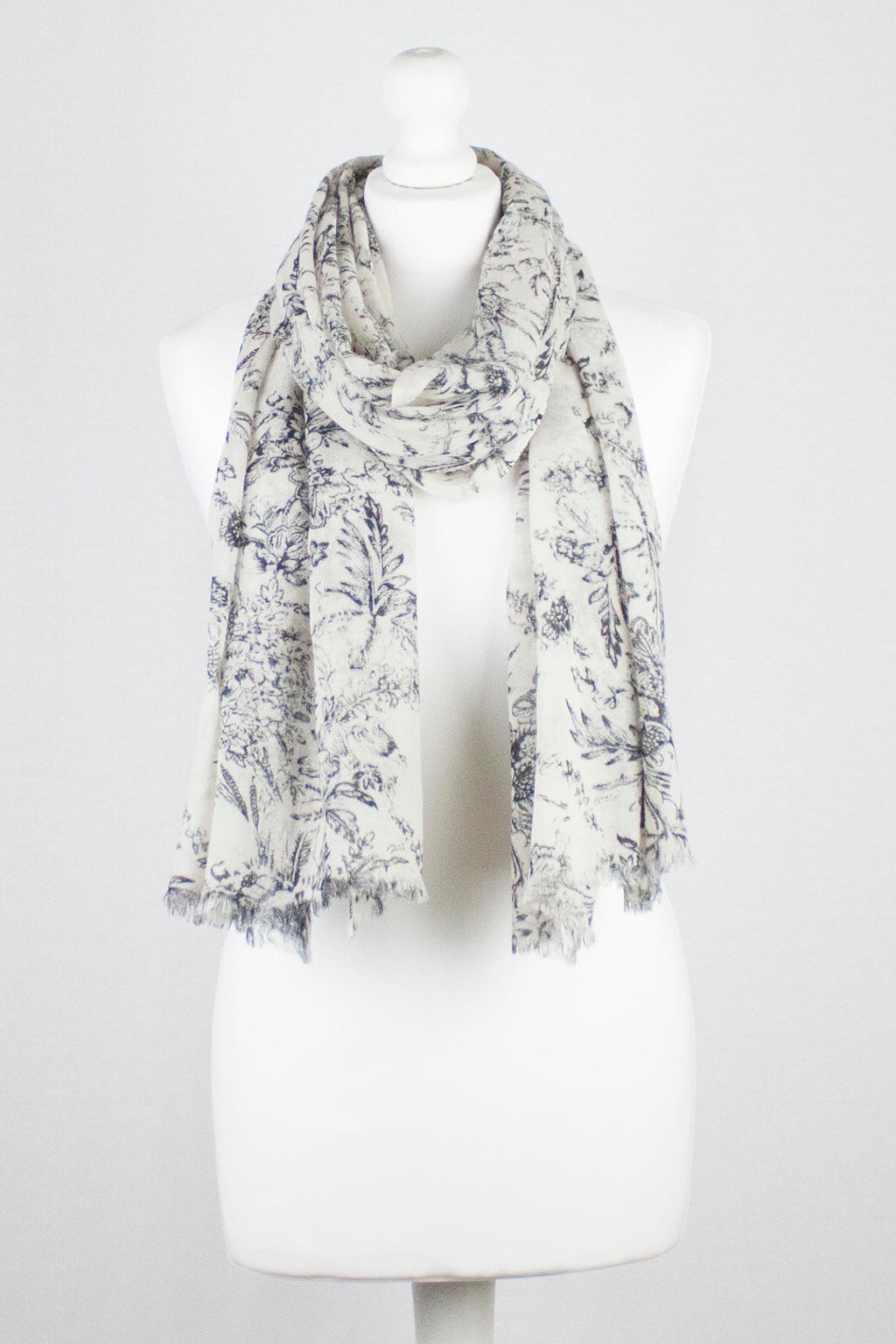 Sketchy Floral Print Merino Wool Scarf in Off White