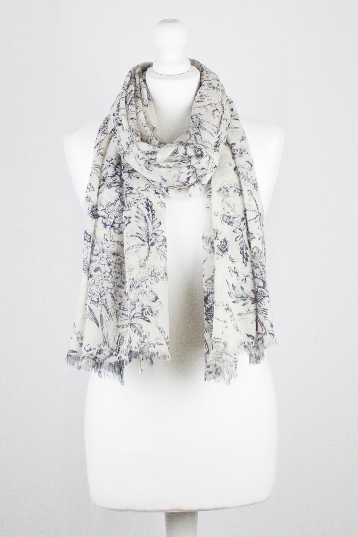 Sketchy Floral Print Merino Wool Scarf in Off White