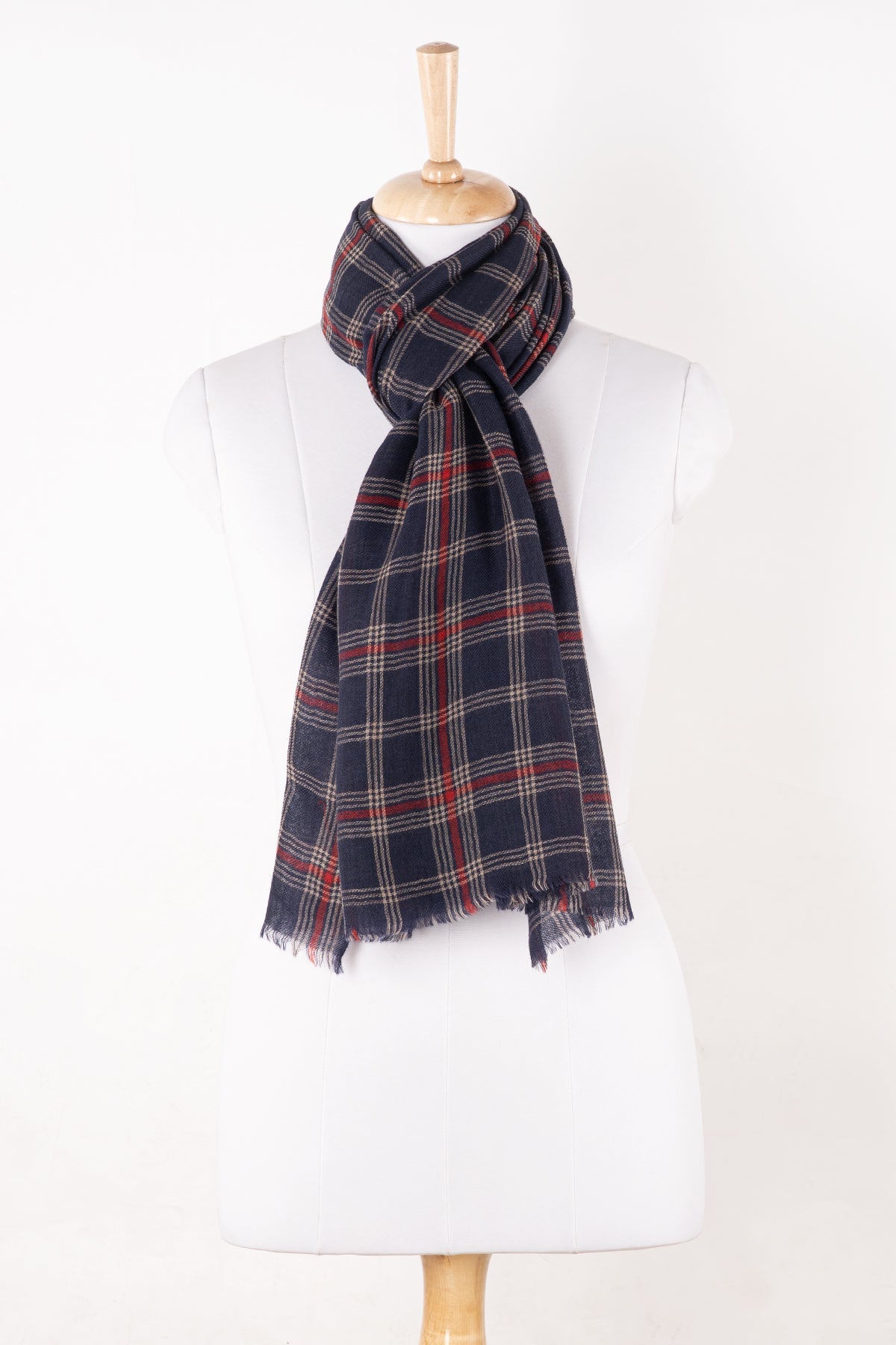Navy Red Check Merino Wool Scarf Large