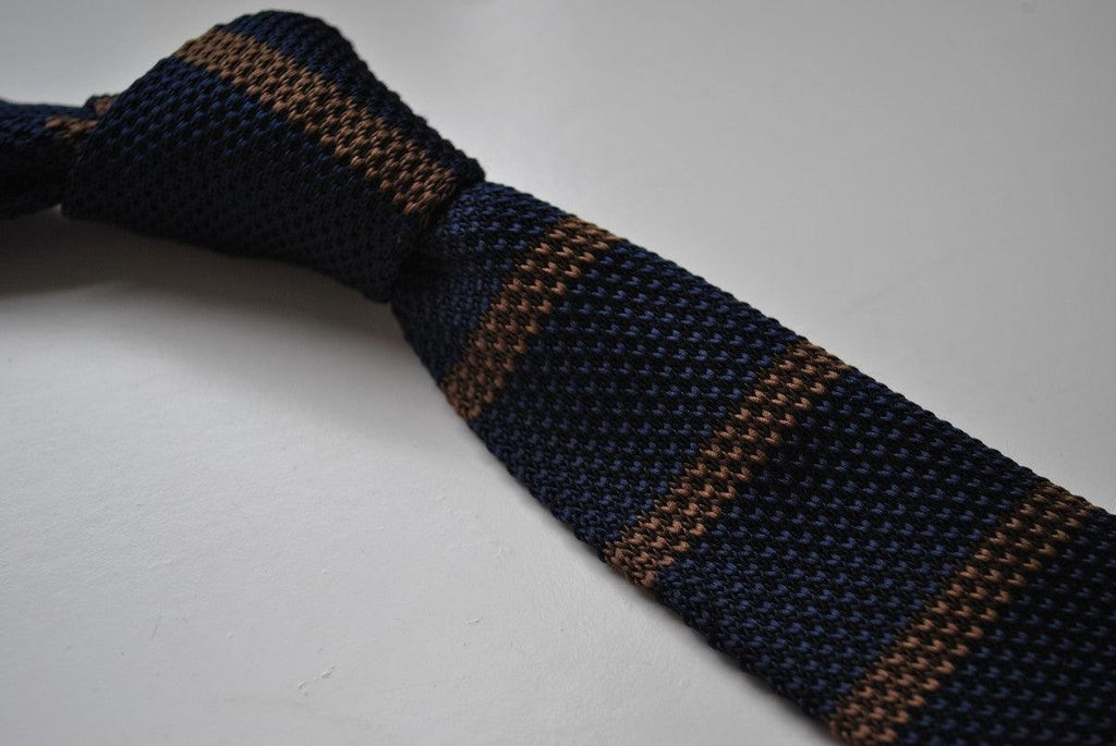 Navy Blue and Brown Striped Skinny Knitted Tie