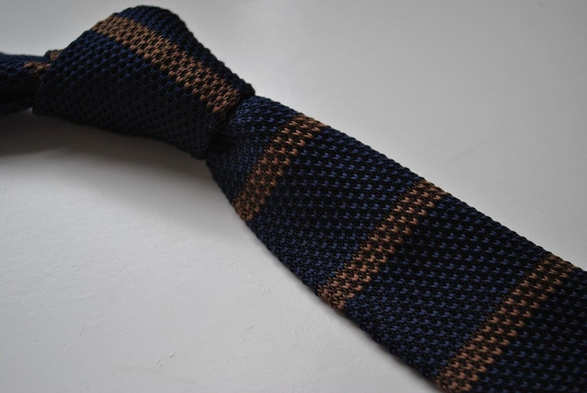 Navy Blue and Brown Striped Skinny Knitted Tie