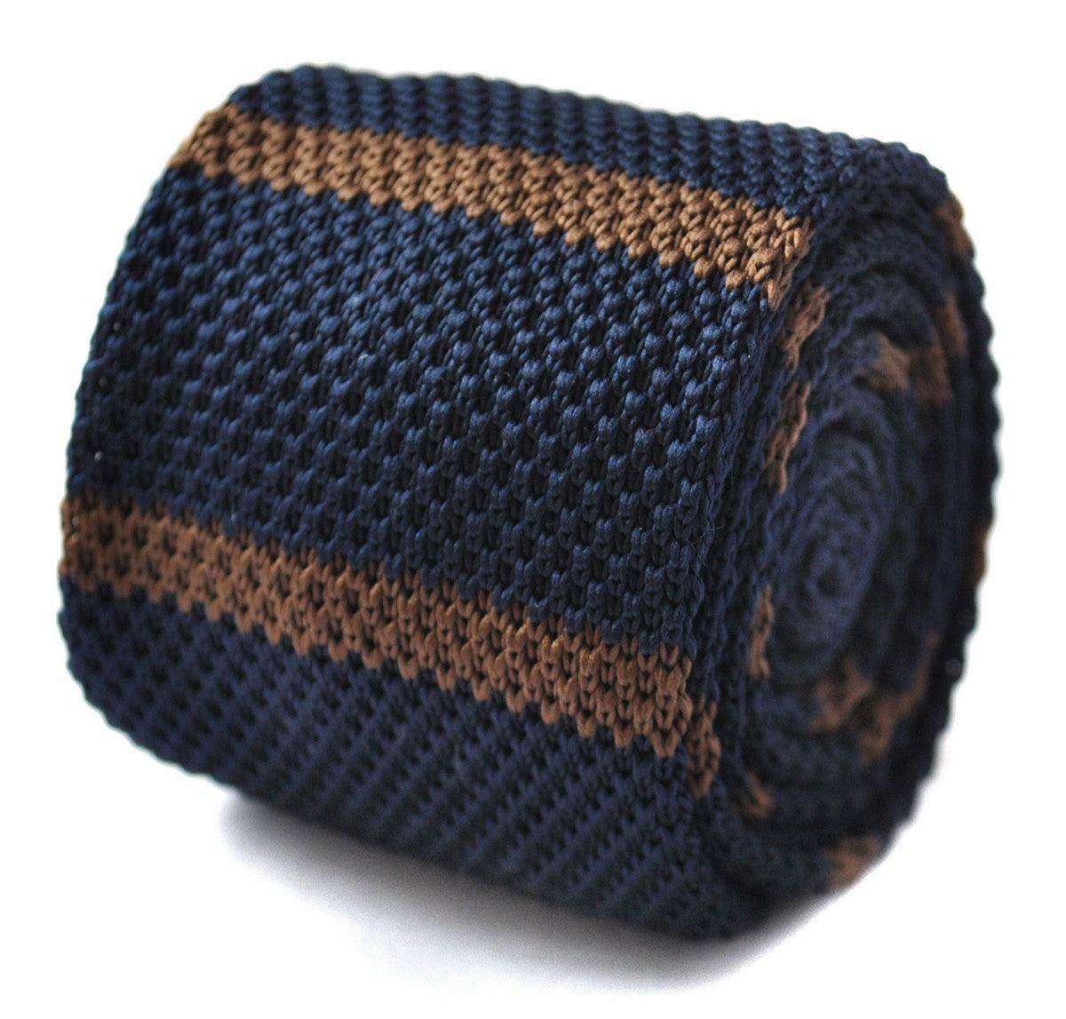 Navy Blue and Brown Striped Skinny Knitted Tie