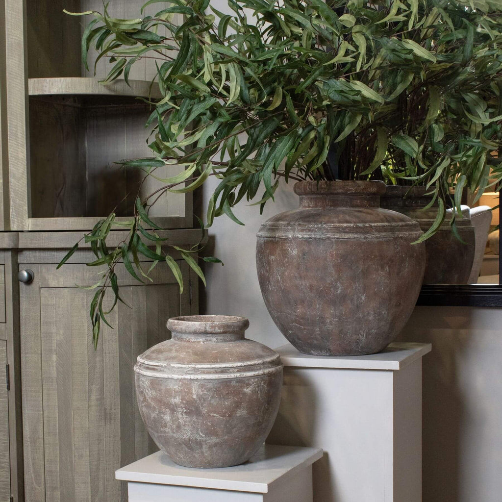 Distressed brown ceramic Siena water pot with urn shape for floral arrangements or home decor centerpiece. by sostter at brixbailey.com