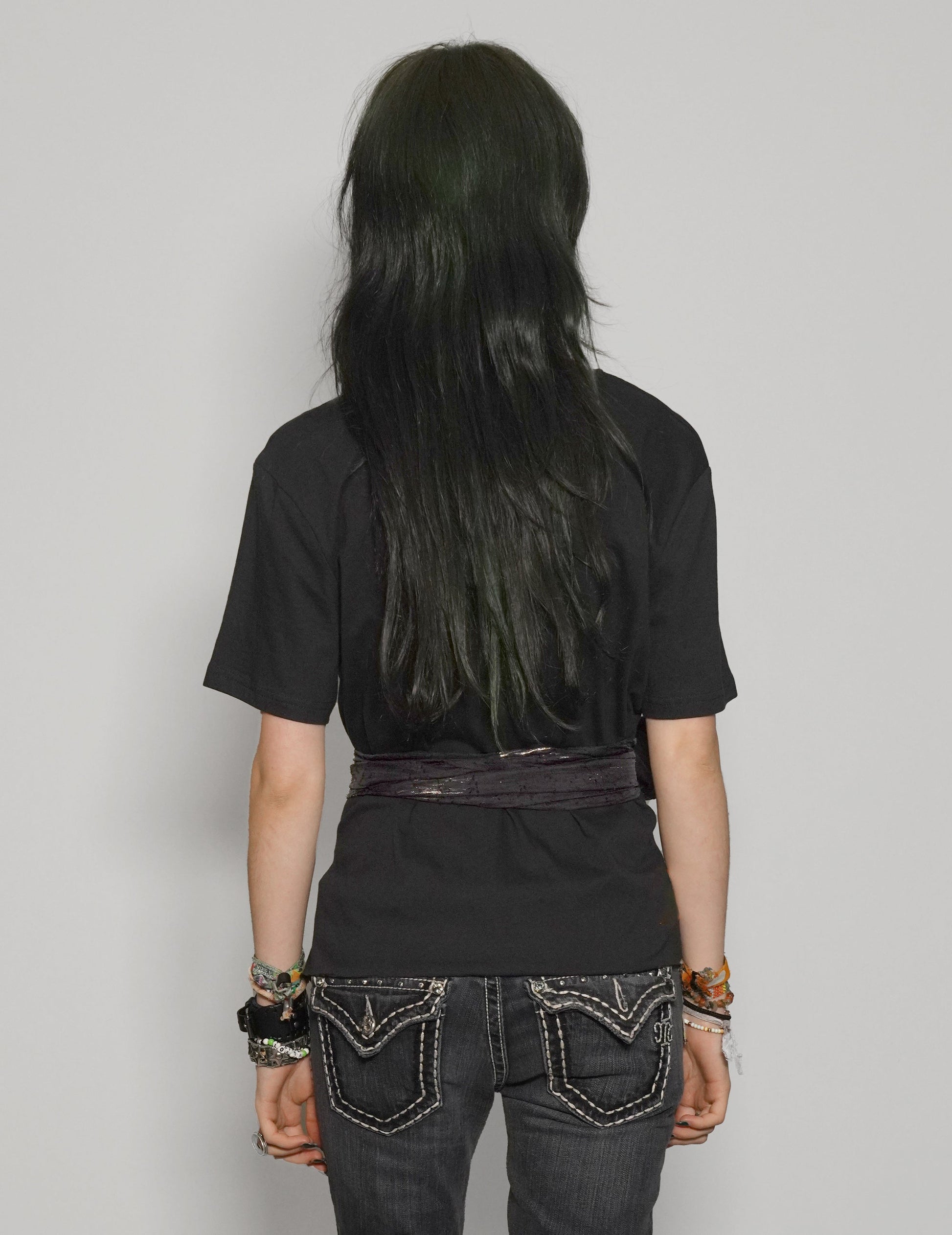 Black Cropped Tee with Silk Tie Detail