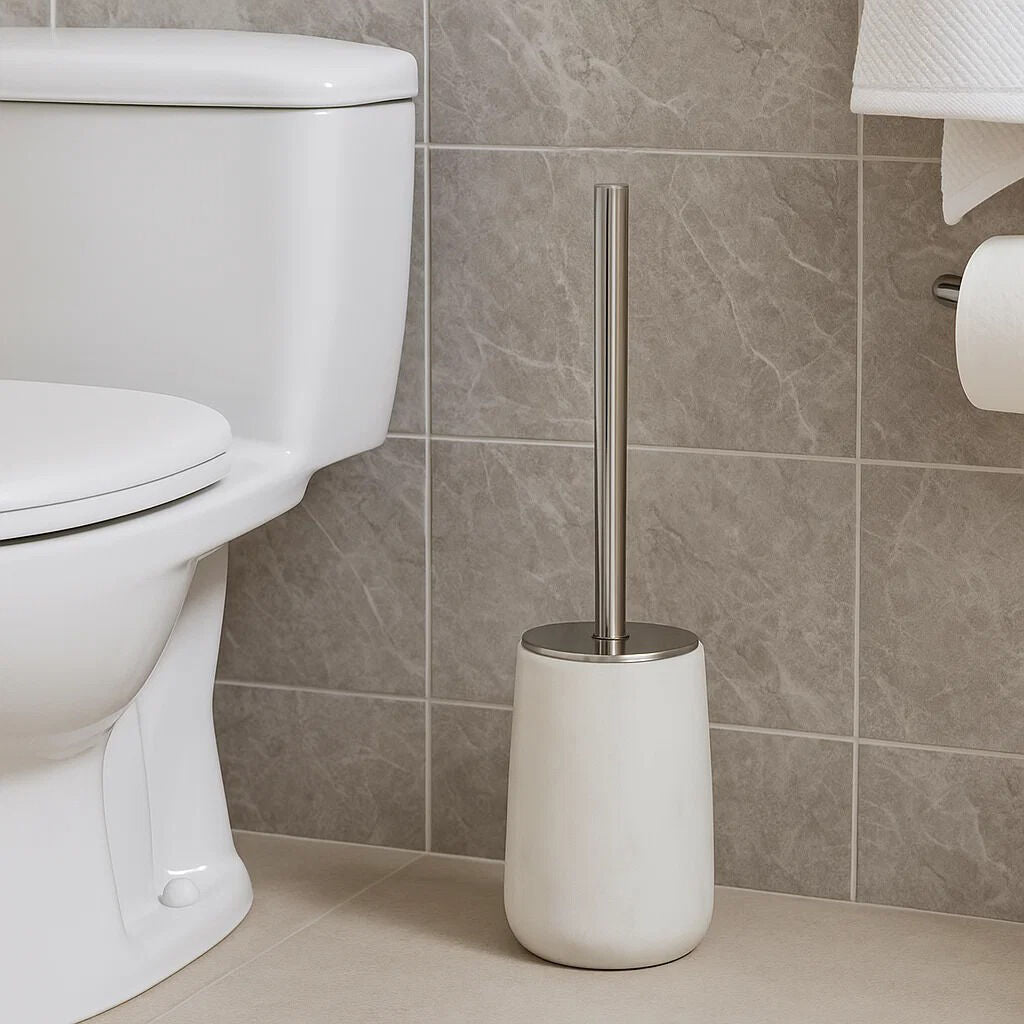 Off White Marble and Stainless Steel Toilet Brush