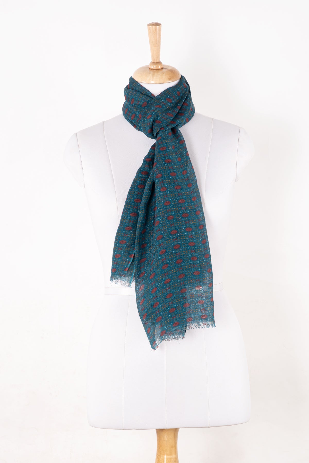 Tile Print Linen Cotton Scarf in Navy Red