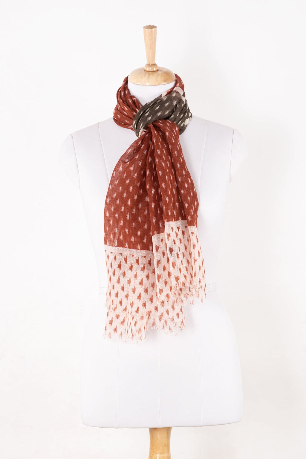 Hazy Brush Print Linen Cotton Scarf in Terracotta Grey and White