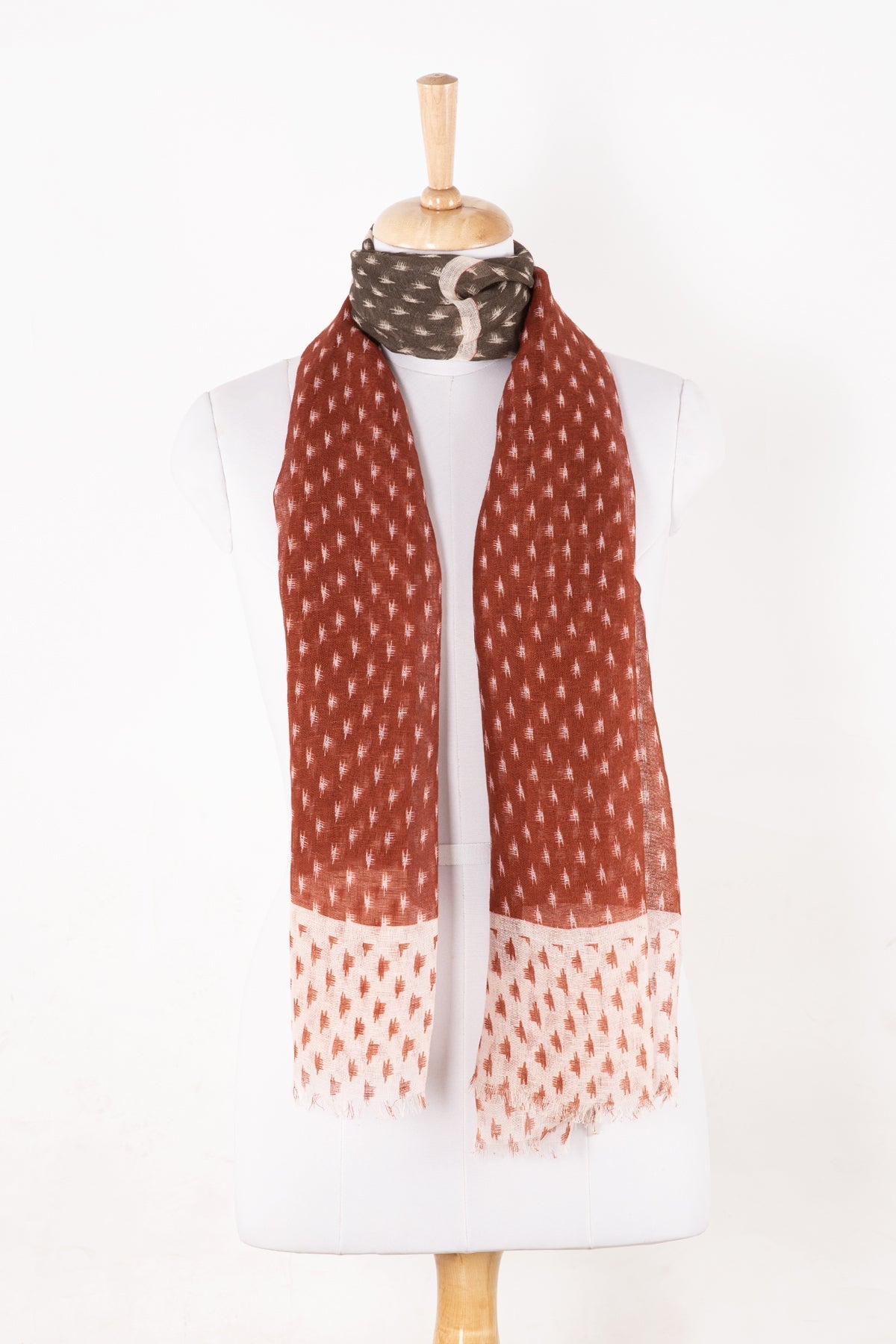 Hazy Brush Print Linen Cotton Scarf in Terracotta Grey and White