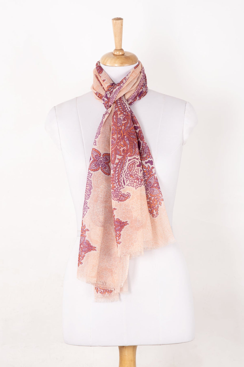 Traditional Motif Cotton Modal Scarf in Peach Orange Purple