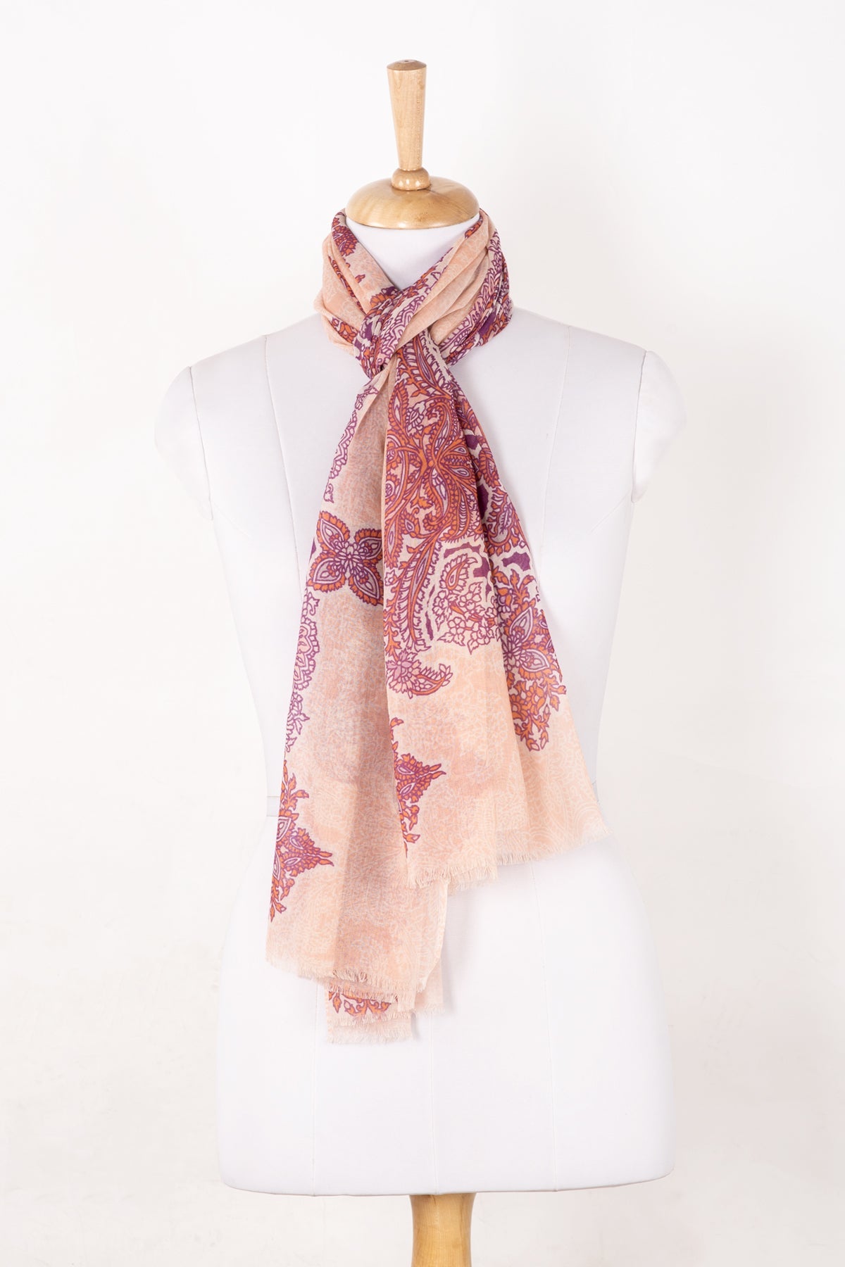Traditional Motif Cotton Modal Scarf in Peach Orange Purple