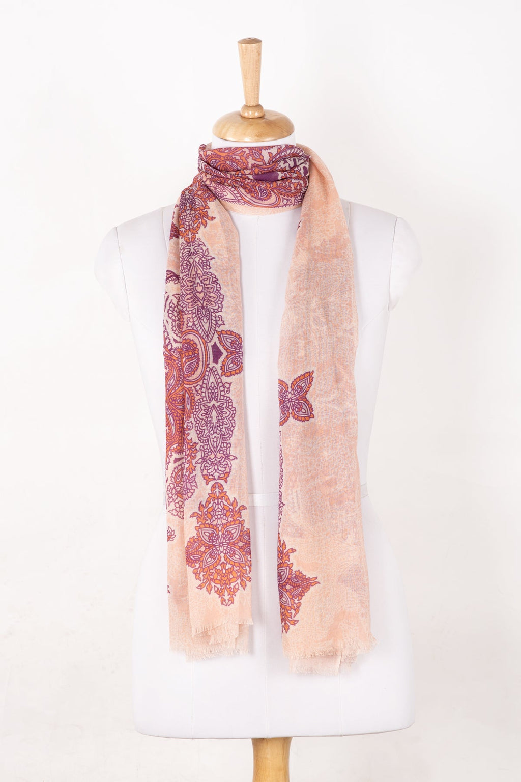 Traditional Motif Cotton Modal Scarf in Peach Orange Purple