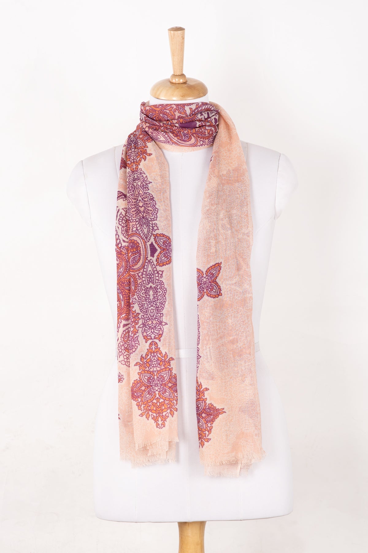 Traditional Motif Cotton Modal Scarf in Peach Orange Purple