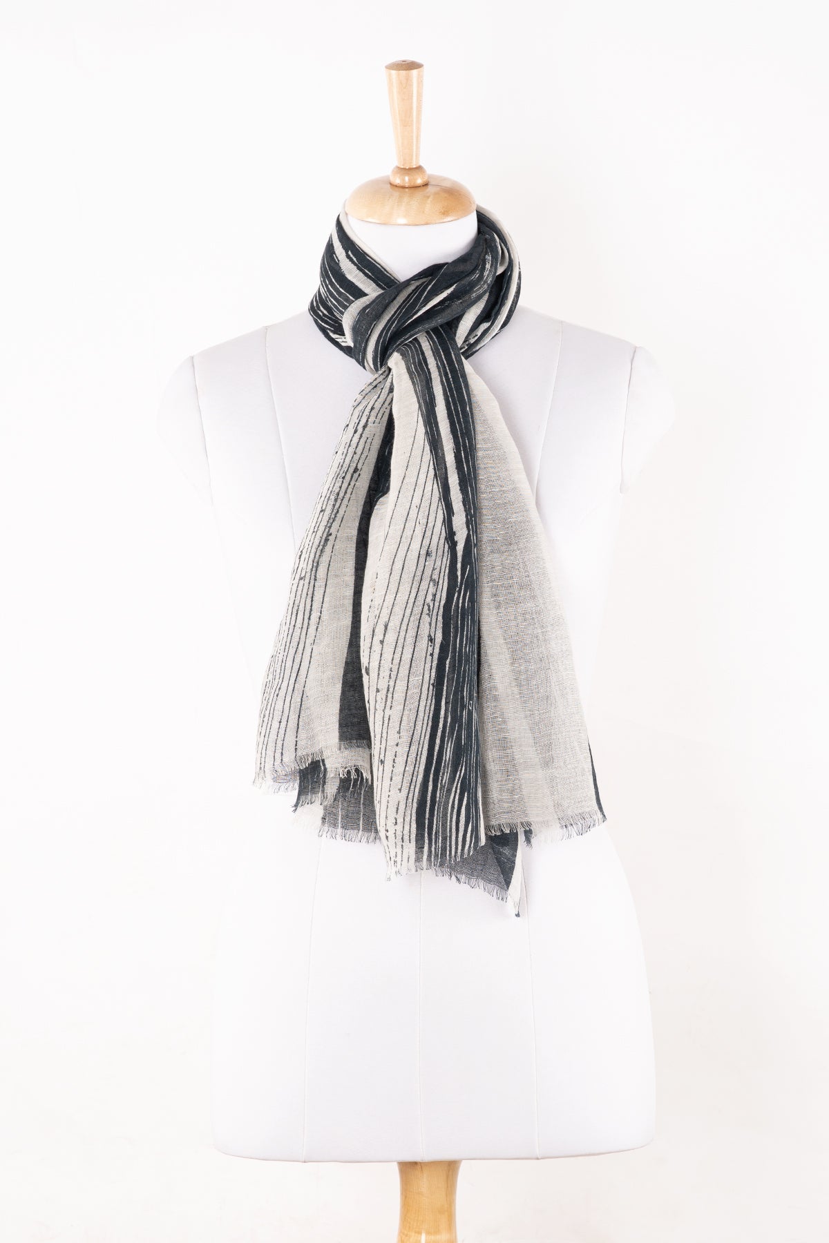 Stripy Strokes Print Linen Cotton Scarf in Black and White