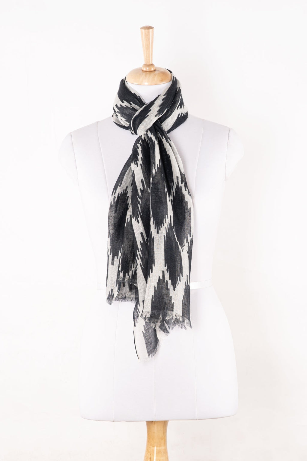 Black and White Ikat Printed Linen Scarf