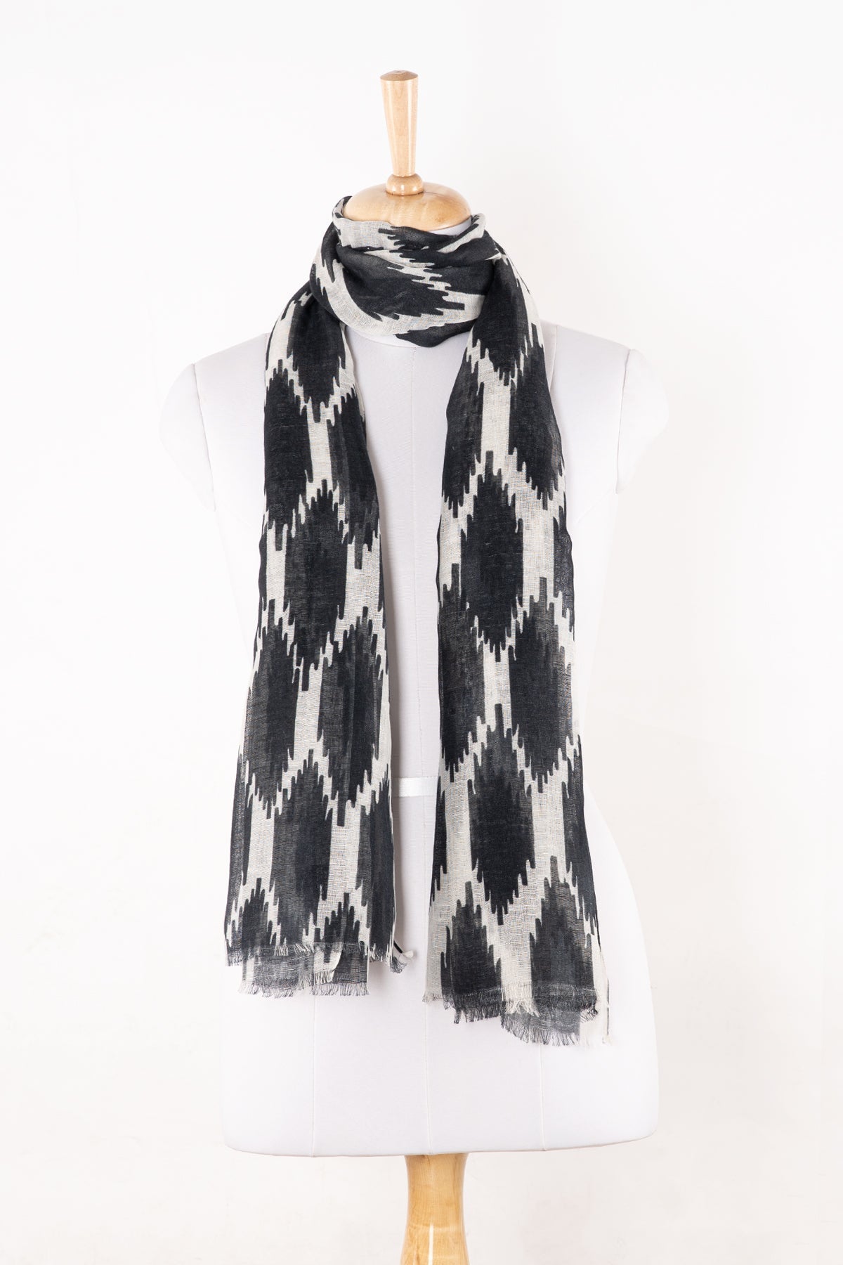 Black and White Ikat Printed Linen Scarf