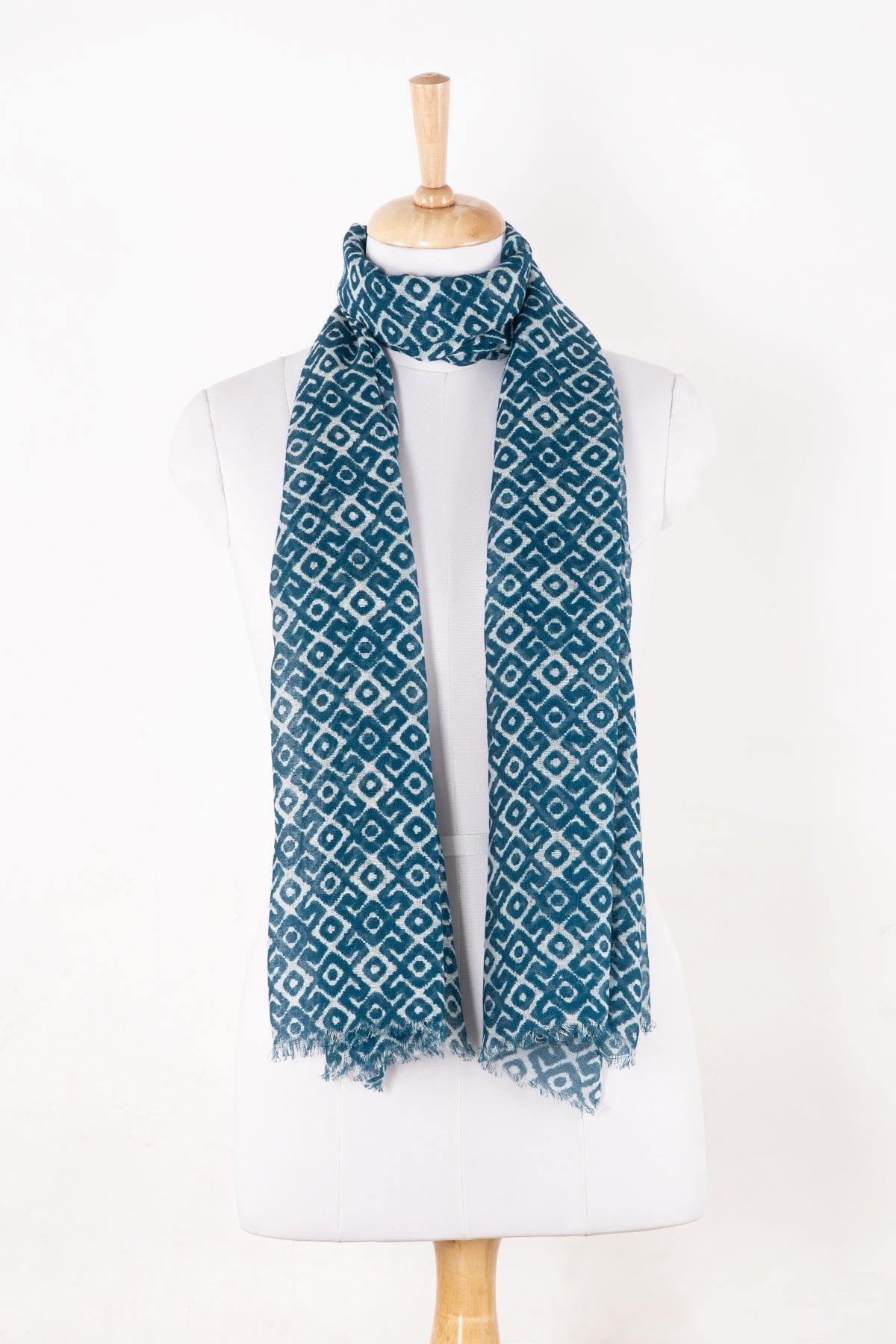 Tribal Tile Print Linen Cotton Scarf in Teal