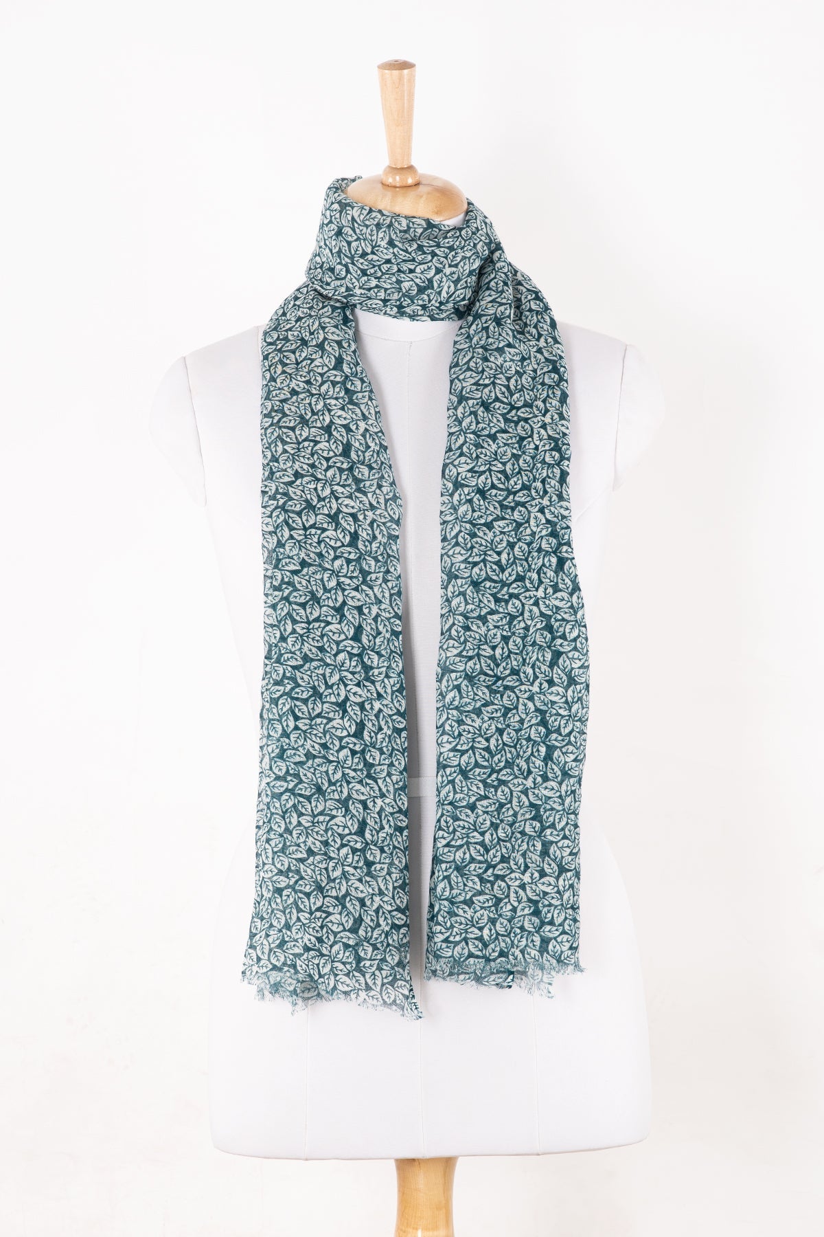 Leaf Print Linen Cotton Scarf in Teal