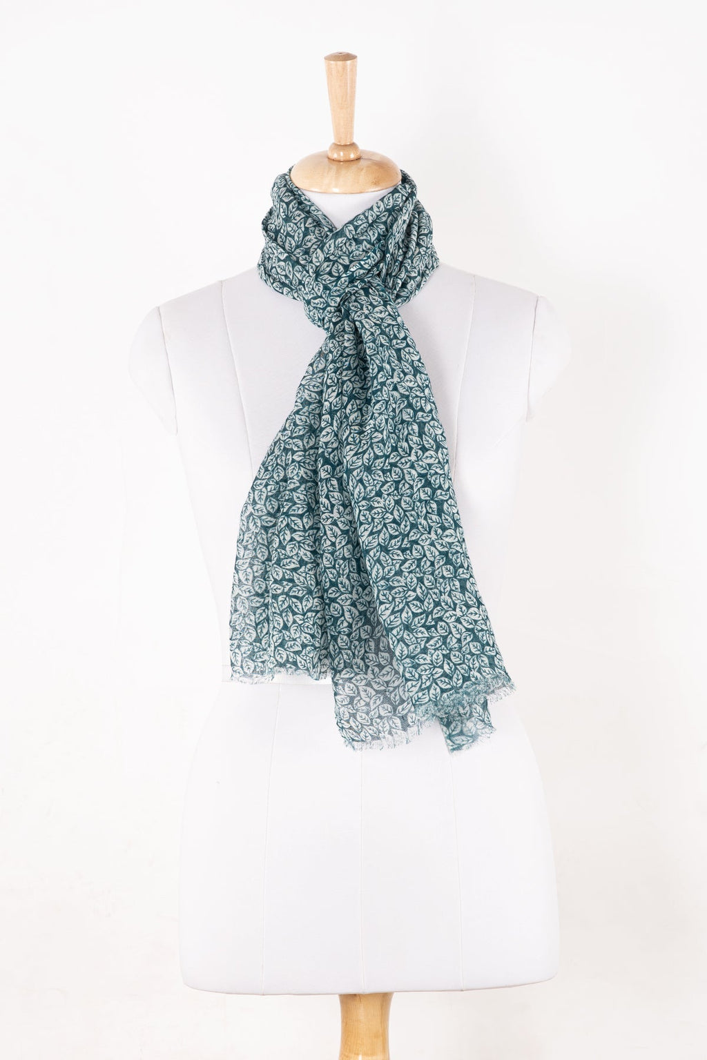 Leaf Print Linen Cotton Scarf in Teal
