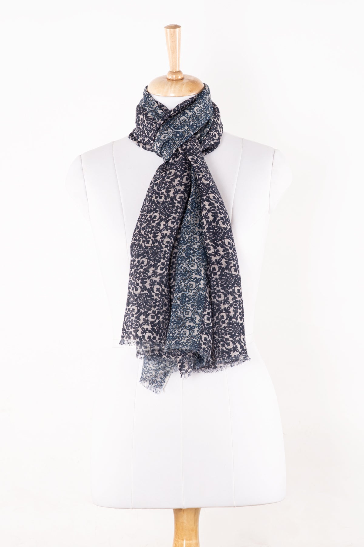 Floral Tile Print Linen Cotton Scarf in Navy Cement