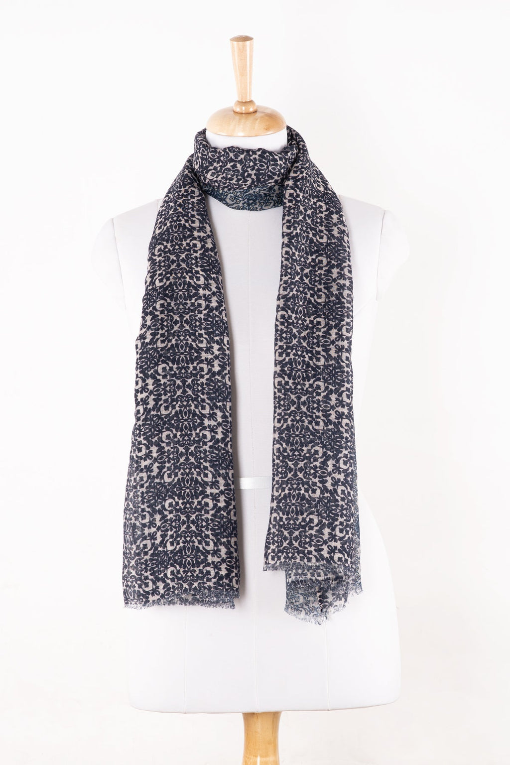 Floral Tile Print Linen Cotton Scarf in Navy Cement