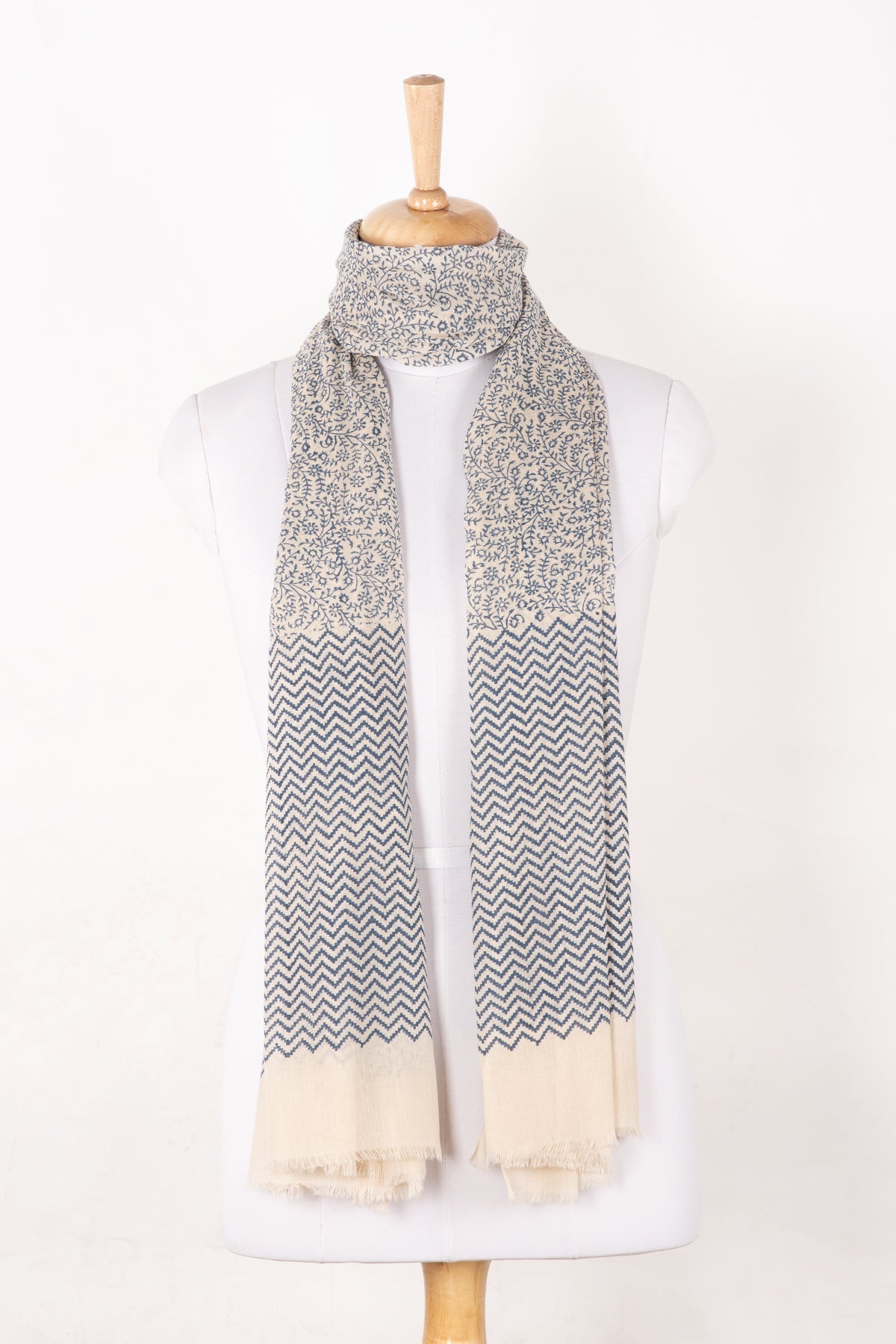 Floral and Chevron Print Cotton Scarf in Dark Night Ecru