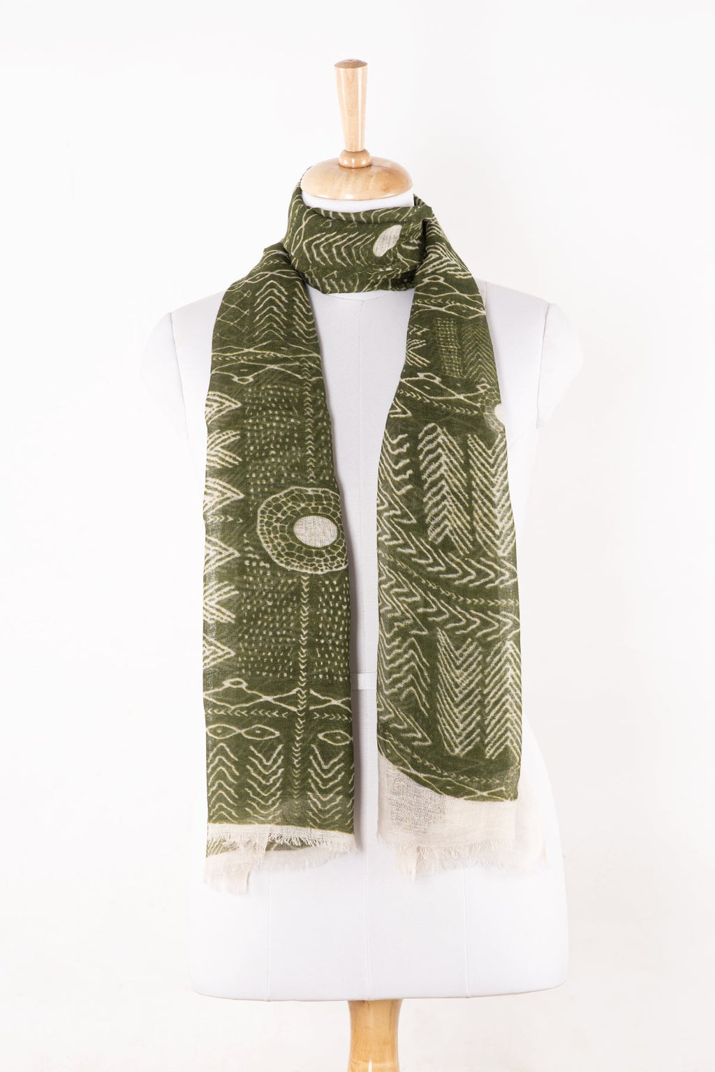 Tribal Print Linen Cotton Scarf in Leaf Green