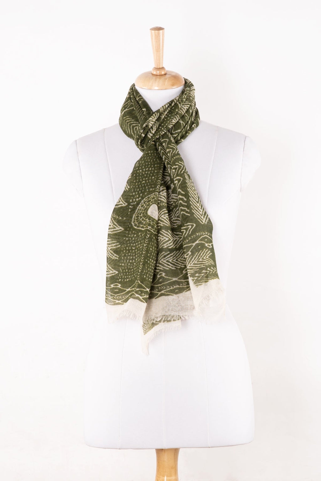 Tribal Print Linen Cotton Scarf in Leaf Green